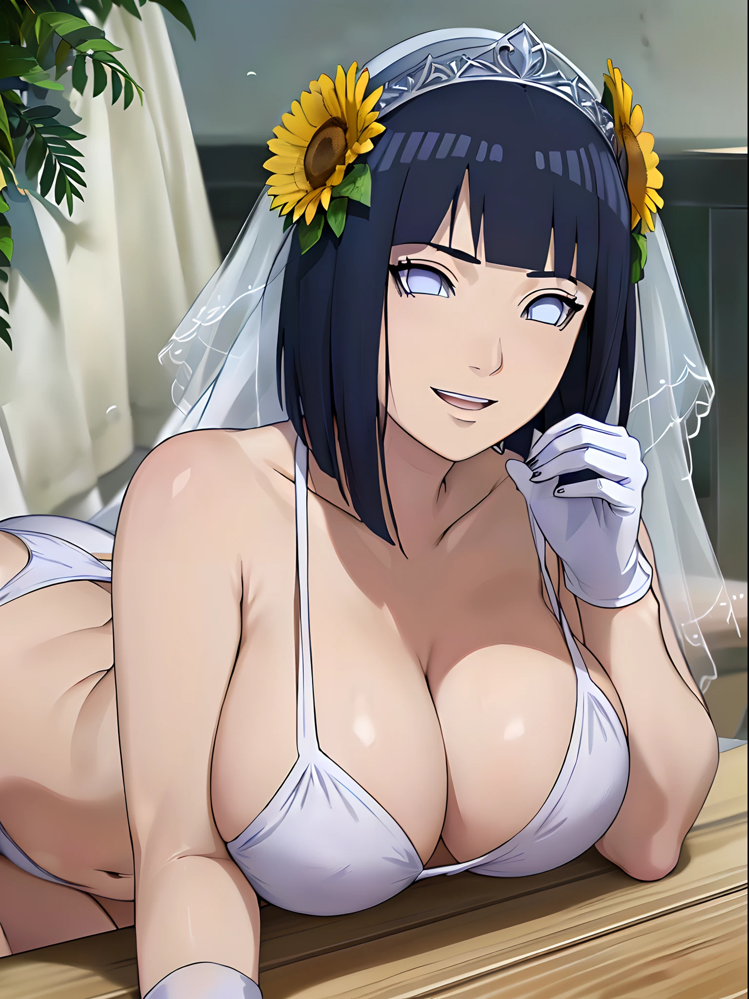 (WALLPAPER, masterpiece, 1k, anime style:1.9, laying on flower bed, navel, (detailed beach background, (lean forward), big breasts, big boobs, open mouth, high color saturation, bold lines, bold drawing lines, (defined arms, strong arms, flat belly, groin), detailed bold arm lines), (strong arms, thick arms), strong light on body, plain, bare body, (large breasts, perky boobs), minimum clothing, taking off shirt, bare shoulders, off-shoulders, bare chest, (very tight pure white tiny bikini, wedding veil, white flower wedding tiara, long white gloves), no shirt, showing off), hinata\(boruto\), mature female, sunbathing, milf, (curvy:0.8), solo, (short hair, hime cut), (dark blue hair color:1.1), white, flat belly, perfect eyes, white sciera, white eyes, anime eyes, smoky eyeliner, eyeshadow, perfect face, shy, sharp focus, professional artwork, intricate details, colorful, vibrant colors, vivid colors, digital blending, ultra detailed body, ultra detail hair, ultra detail face, trending on pixiv, kind smile, shy, very hot colors, sunny day, outdoor,