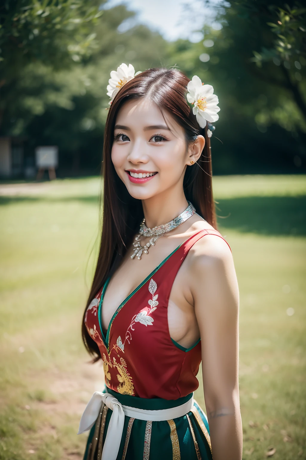 (8K分辨率,Vista full body photo),(1womanl,20yr old,(Facial features of Thai Aum:1.8,s delicate face),详细的脸,Redlip,Fair smooth skin,(Classic Hmong costume:1.4,(nedium breasts、The back is decorated with floral fabric,The cuffs are multi-colored horizontal strips,Cardigans,Short waist long version),Headband silver crown(Silver Crown(styling:It is quadrangular and protruding,entangle,Such as spiral or eccentric,Various patterns are printed on the flat surface),Silver items(Silver collars range from small to large,There are up to seven circles),Silver necklace,Bun hairpins),(pleatedskirt,There is a belt(Hmong embroidery、batik)),耳Nipple Ring,bangle,Tall and tall,The action of the conversation,perfect hand,Ultra-fine clothing material),(Traditional Xijiang Miao village,Festive party night background in cottage,Exquisite environmental details),(exhilarated,confident smile,Rejoice),(profesional lighting,动态照明),((The colors are more balanced,(black in color,blue colors,red colour))),(Golden section,Cinema lenses,Hasselblad photograp,tmasterpiece:1.3),(Miaozhai idol,Focus on the field,trendsetting,Folklore artist,Art platform)