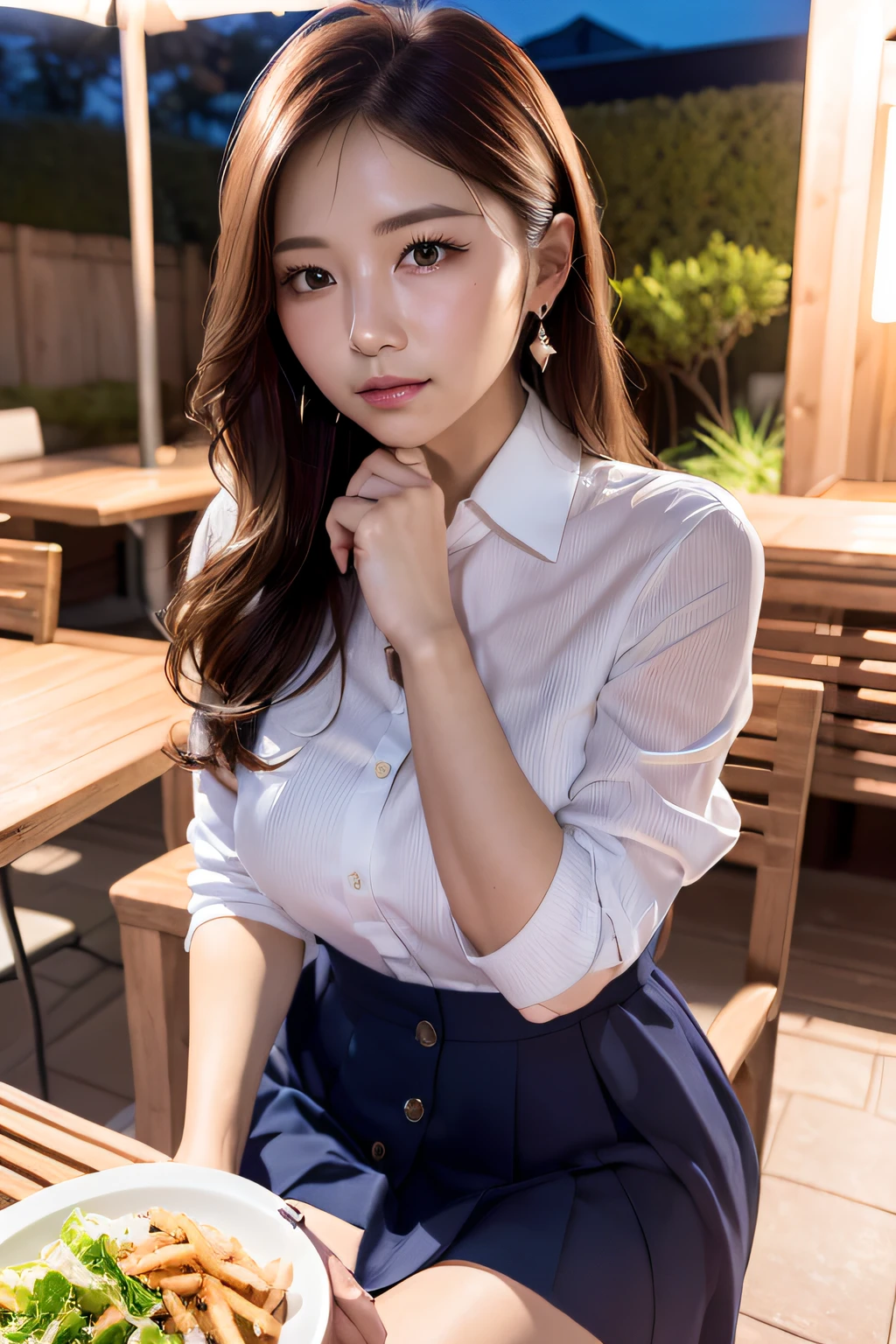 first-person-view, (masterpiece:1.3), high resolution, ultra detailed, extremely detailed CG unity 8k wallpaper, realistic, photo-realistic, RAW photo, beautiful detailed face, pale skin, realistic glistening skin, detailed cloth texture, detailed hair texture, Perfect body, Beautiful Face, accurate, Anatomically correct, Highly detailed face and skin texture, natural neck length, (beautiful hands), (fair skin:1.2), Thin legs, Thin feet, Well-aligned teeth,
BREAK,
Detailed eyes, symmetric eyes, Light Brown eyes, Double eyelids, Thin eyebrows, (Glossy lips:1.4), (sleepy face:1.2), (blush:1.3),
BREAK,
(A Classy and Cute girl:1.3), (wearing a classy (Light Purple) Button shirt:1.2), ((Navy) long irregular hem skirt:1.2), (long skirt),
medium breasts, cleavage, (slender figure:1.1), firm abs, beautiful clavicle,
(Dark blonde hair, wavy hair, long hair:1.2), ((asymmetrical bangs:1.2)),
BREAK,
(On the table, (there are yakitori, French fries, salad, and 'takoyaki' ):1.2), (Sitting opposite on the chair), ((resting your elbow on the table with gently lifted up her chin:1.3)),
(in the outdoor 'Biergarten' of Japan at night)), (night), (night), (night), (Upper body shot:1.2), looking at viewer, from front,