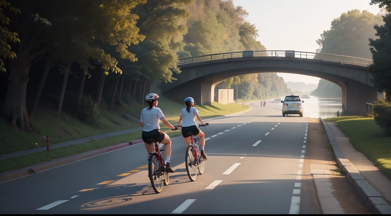 Two people riding bicycles on the river road in the evening,There is also a white Subaru SUV with the number Liao G7B850