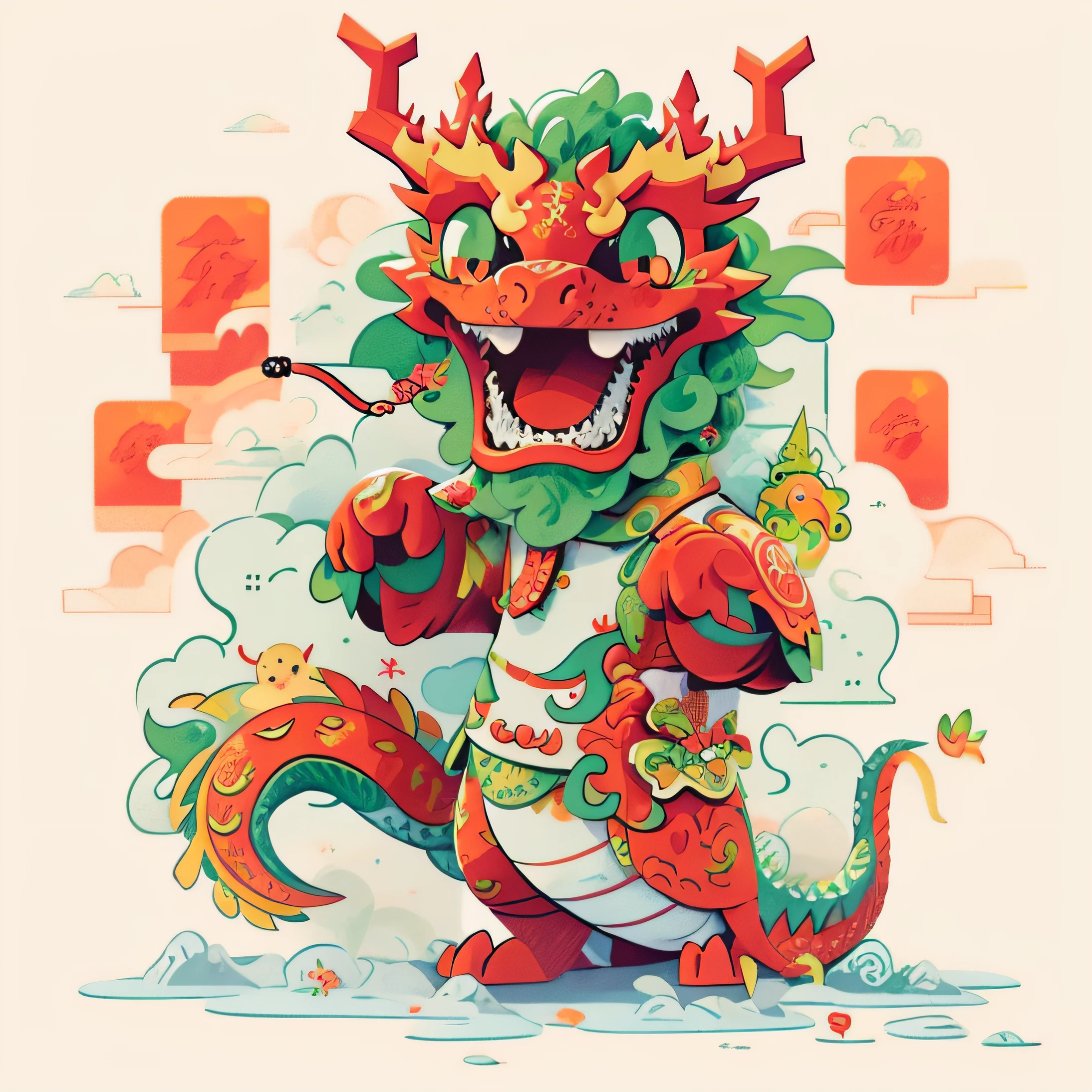 Illustration of a red-nosed green-tailed dragon, smooth chinese dragon,chinese dragon concept art,  cyan chinese dragon fantasy, anthropomorphic dragon, a dragon made of clouds、in graffiti style