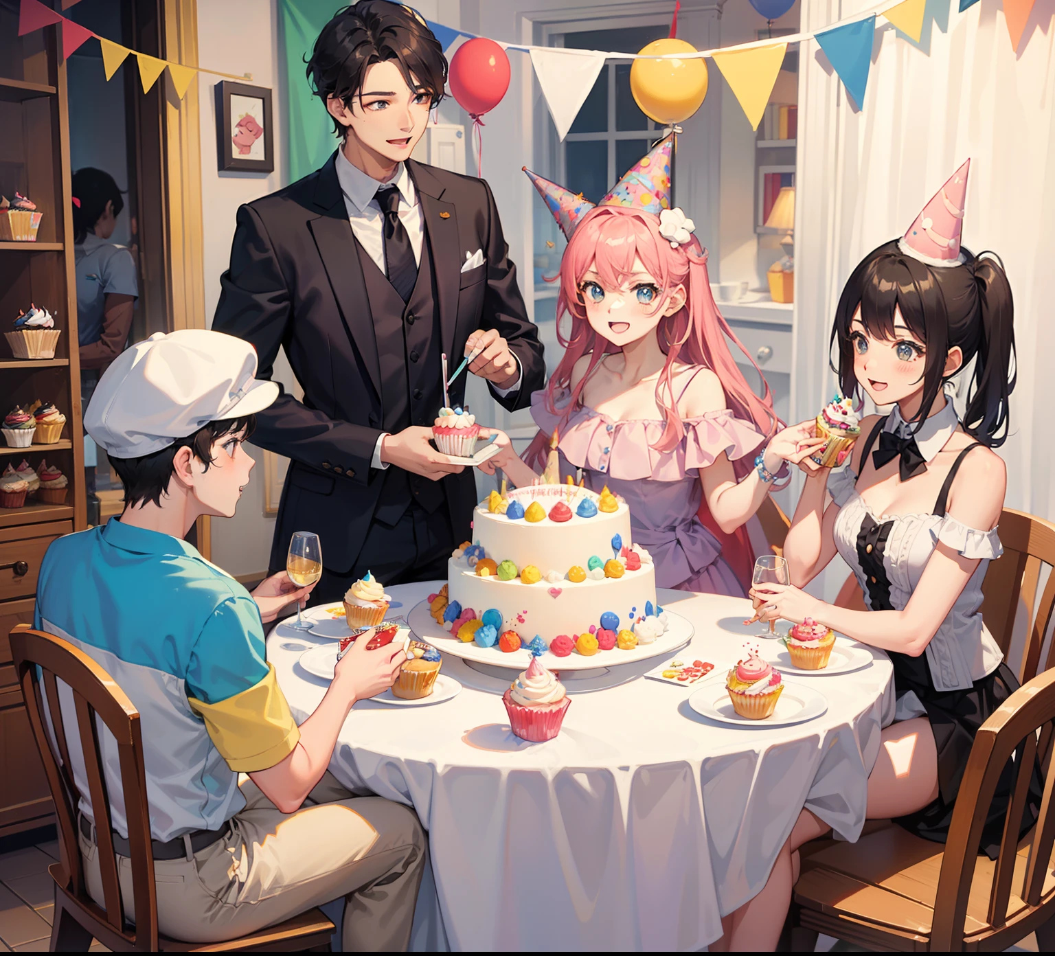 4men,2girls,2boy,birthday,birthday_Party,birthday_Hat,palla,Cupcakes,birthday_Cupcakes,cheerfulness,Kaihuai,cheerfulness_atmosphere,landscape