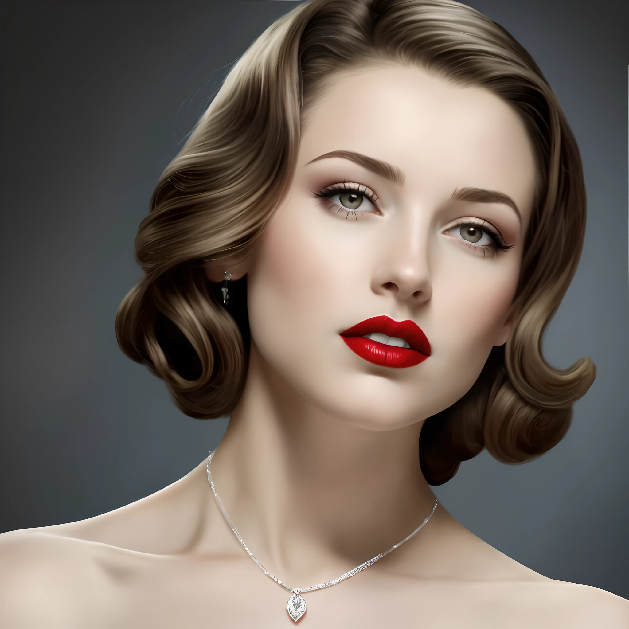 mulher arafed com um batom vermelho e um colar de diamantes, arte digital de um elegante, retrato de beleza estilizado, retoque de beleza, in style of digital illustration, arte digital. foto realista, cara para cima com penteado 1 9 2 0 s, stylized digital illustration, retrato de arte digital, red pouty lips, retrato de alta qualidade, pintura digital brilhante, detailed face with red lips