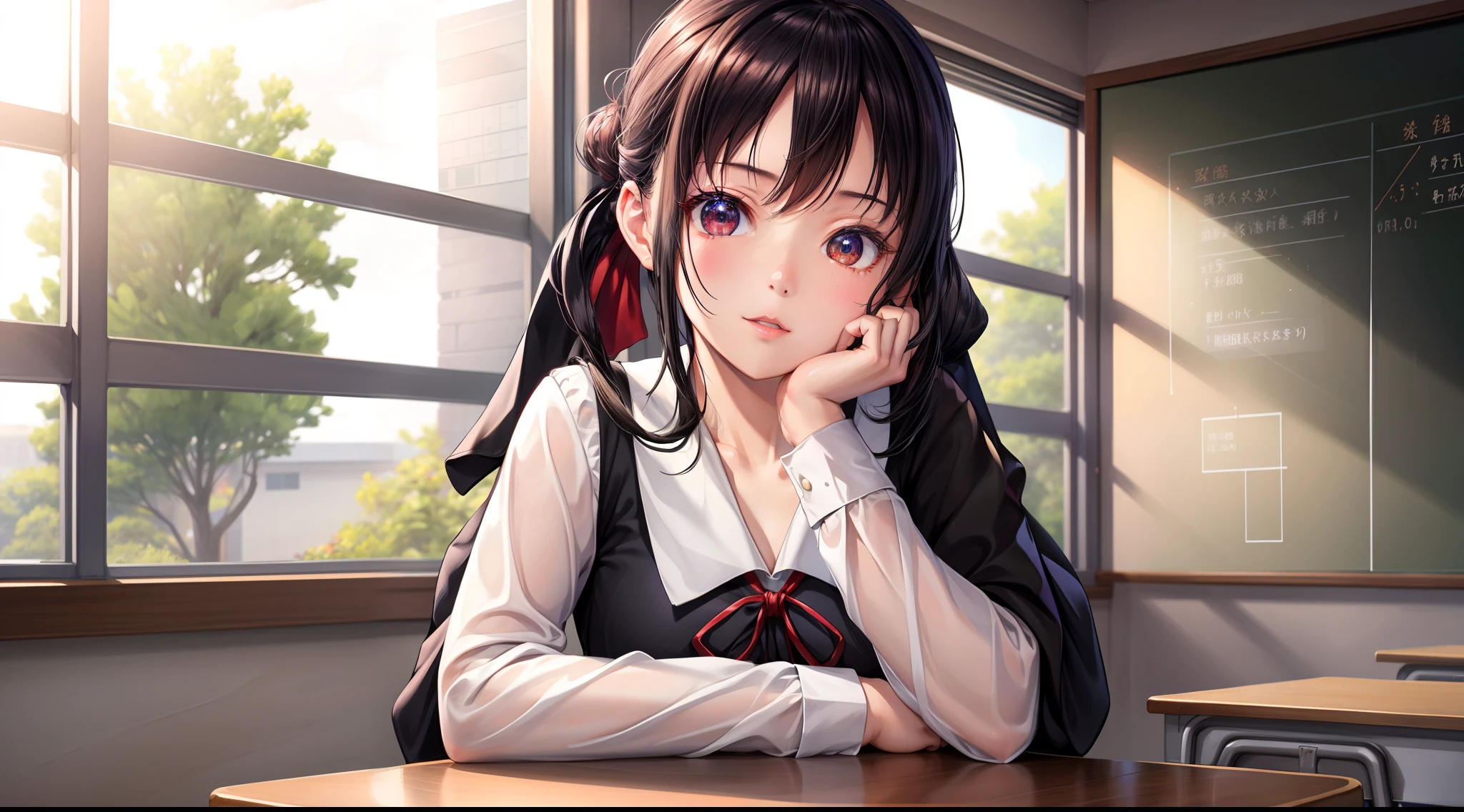 focused upper body, 1 girl, leaning to table pose, kaguya, school outfit, sparkling eyes, black hair, classroom background, nice perfect face with soft skin, intricate detail, 8k resolution, masterpiece, 8k resolution photorealistic masterpiece, professional photography, natural lighting, detailed texture