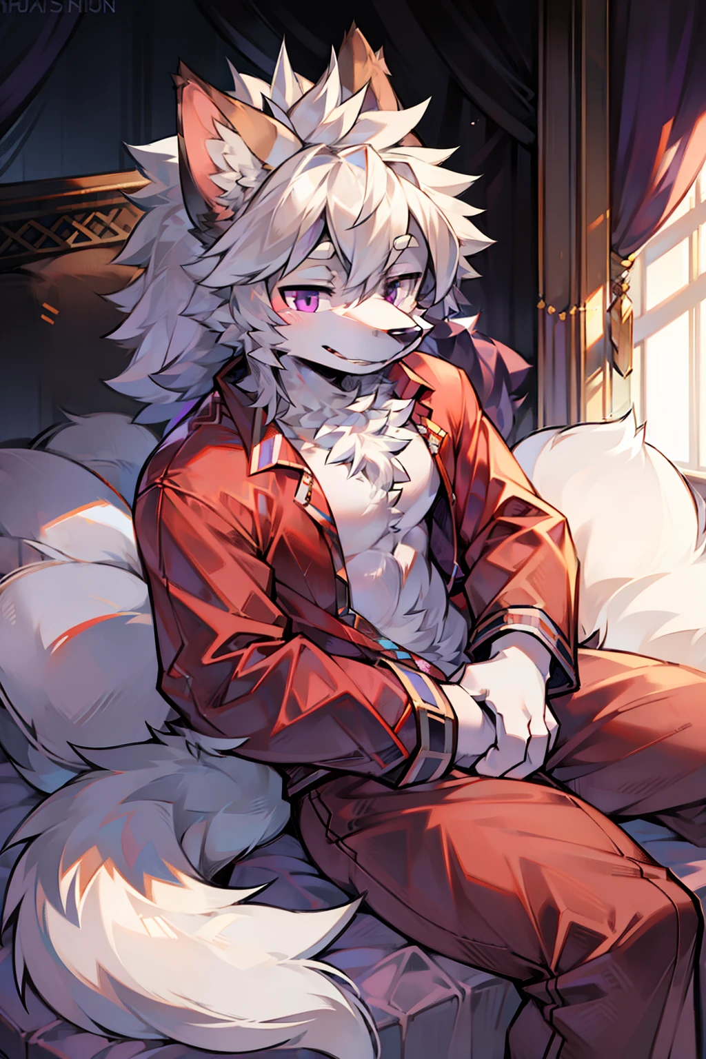 A male white cat wearing underwear on the bed,collars,Red rope wrapped around,Feet up,Open your mouth and stick out your tongue