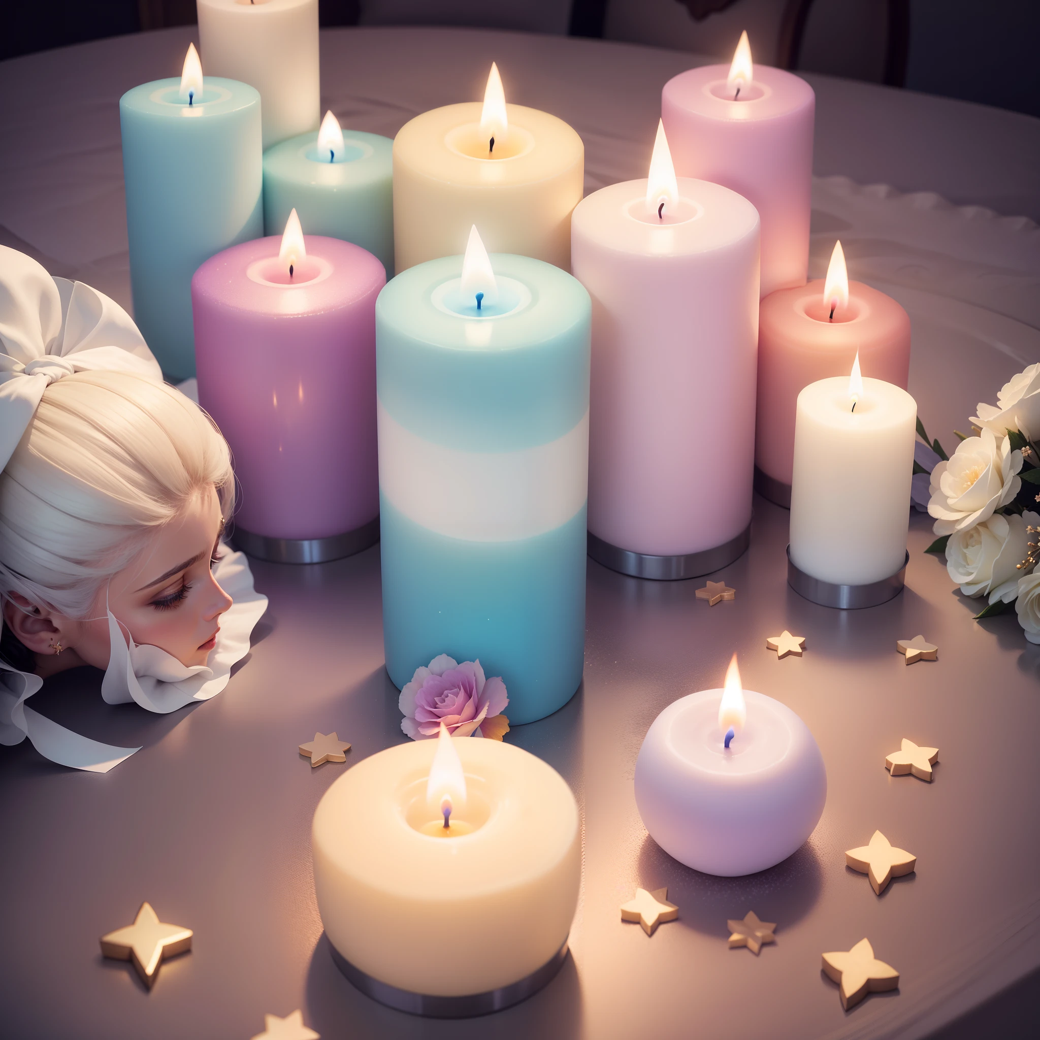 Velas floridas e delicadas, candles in pastel tones, velas com brilhos, velas com glitter, velas em formas de flores, velas de flores, velas de rosas, flores de velas, rosas de velas, hyper realistic, super realísta, 8K.