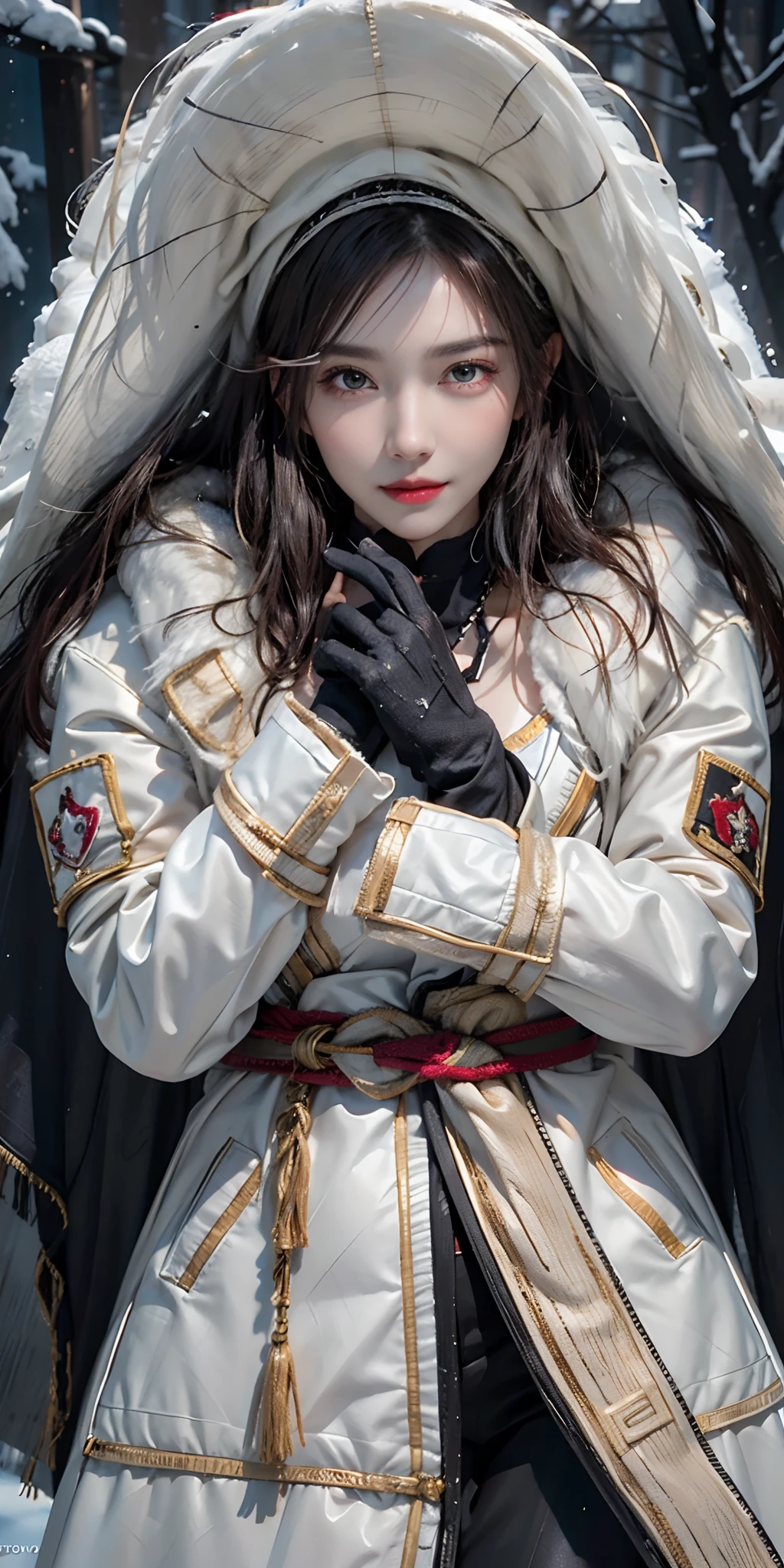 photorealistic, high resolution, soft light,1women, solo, hips up, shining skin, (detailed face),tattoo, jewelry, winter wear, coat, snow, night, wavy hair, Beautiful Soldier, Eyes That Invite Viewer, Lover's Perspective, Inviting Expression, Sexy Smile, Perfect Style, Perfect Balance, Detailed Skin, Naughty Gaze, Chest Visible