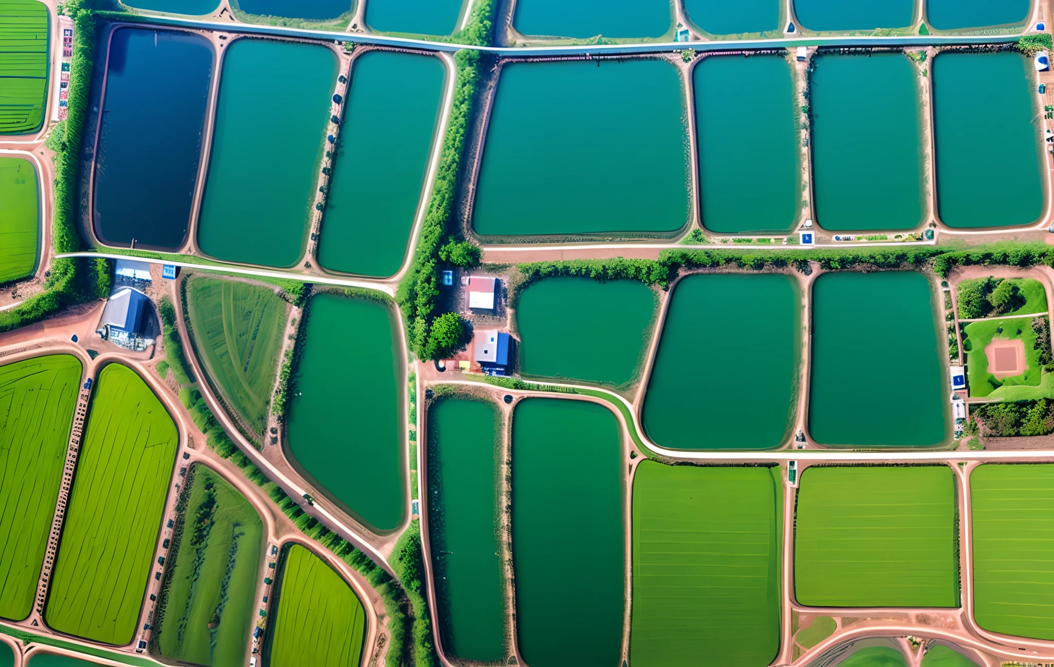 Aerial view of Arafed of a farm with ponds and lots of water, satelite imagery, satellite view, satelite imagery, satellite photo, close-up imagery, /r/earthporn, zoom out view, viewed from earth, zoomed out to show entire image
