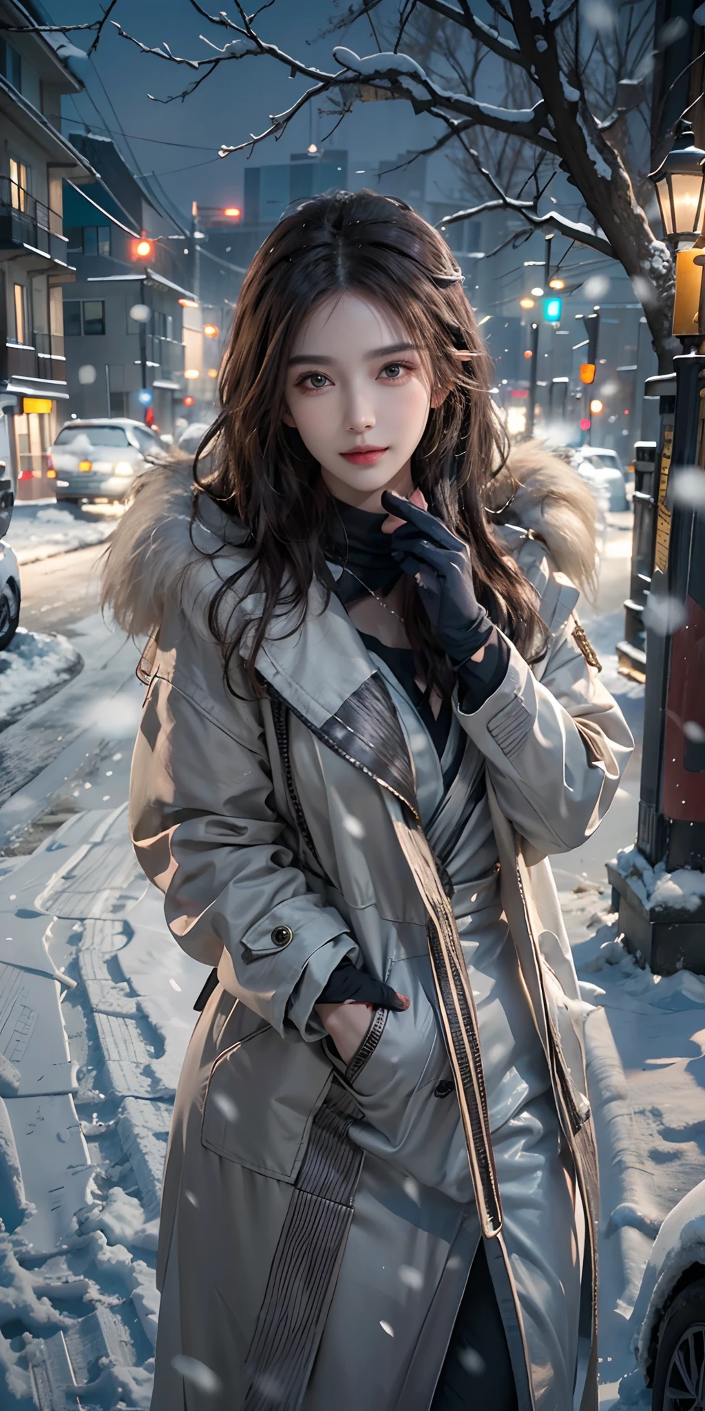 photorealistic, high resolution, soft light,1women, solo, hips up, shining skin, (detailed face),tattoo, jewelry, winter wear, coat, snow, night, wavy hair, Beautiful Soldier, Eyes That Invite Viewer, Lover's Perspective, Inviting Expression, Sexy Smile, Perfect Style, Perfect Balance, Detailed Skin, Naughty Gaze, Chest Visible