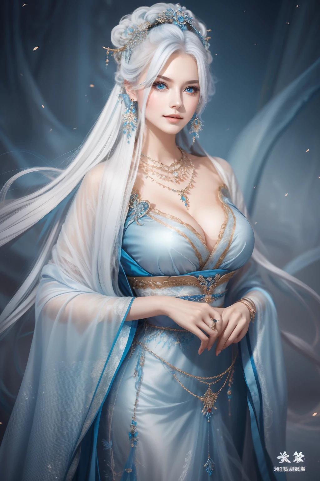 A high resolution, 1 woman, Solo, Hips up, Beautiful blue eyes, White hair, Long hair, Huge breast, bangle,Elegant necklace, elegant diamond earrings, stlouis, Blue Hanfu long dress, Clothing that exposes