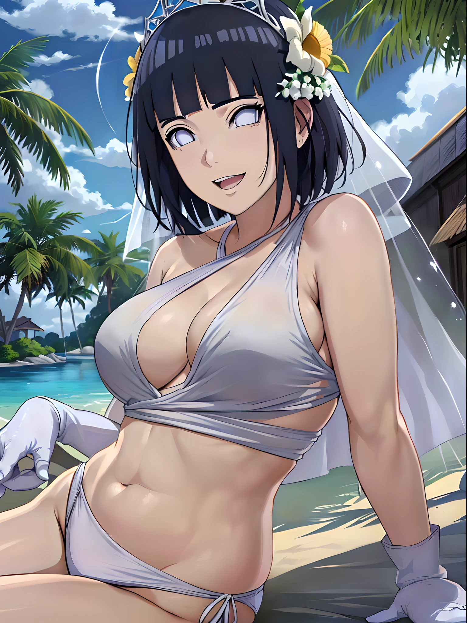 (WALLPAPER, masterpiece, 1k, anime style:1.9, laying on flower bed, navel, (detailed beach background, (lean forward), big breasts, big boobs, open mouth, high color saturation, bold lines, bold drawing lines, (defined arms, strong arms, flat belly, groin), detailed bold arm lines), (strong arms, thick arms), strong light on body, plain, bare body, (large breasts, perky boobs), minimum clothing, taking off shirt, bare shoulders, off-shoulders, bare chest, (very tight pure white tiny bikini, wedding veil, white flower wedding tiara, long white gloves), no shirt, showing off), hinata\(boruto\), mature female, sunbathing, milf, (curvy:0.8), solo, (short hair, hime cut), (dark blue hair color:1.1), white, flat belly, perfect eyes, white sciera, white eyes, anime eyes, smoky eyeliner, eyeshadow, perfect face, shy, sharp focus, professional artwork, intricate details, colorful, vibrant colors, vivid colors, digital blending, ultra detailed body, ultra detail hair, ultra detail face, trending on pixiv, kind smile, shy, very hot colors, sunny day, outdoor,