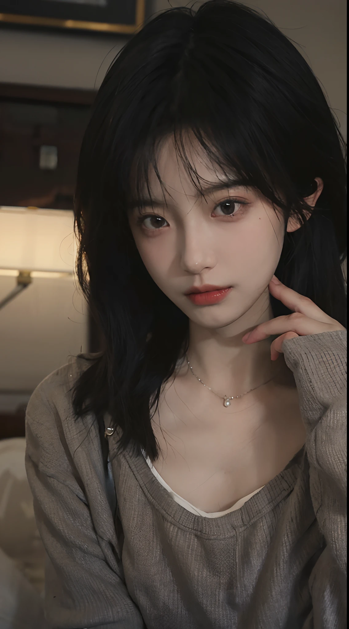 best qualtiy, 超高分辨率, (realisticlying:1.4),cute hairpin,1girll,,Cropped black sweater ,Beautiful woman with a slim figure:1.4, Abs:1.1, 浴室,Ultra-fine face,Elaborate Eyes,二重まぶた,choker necklace