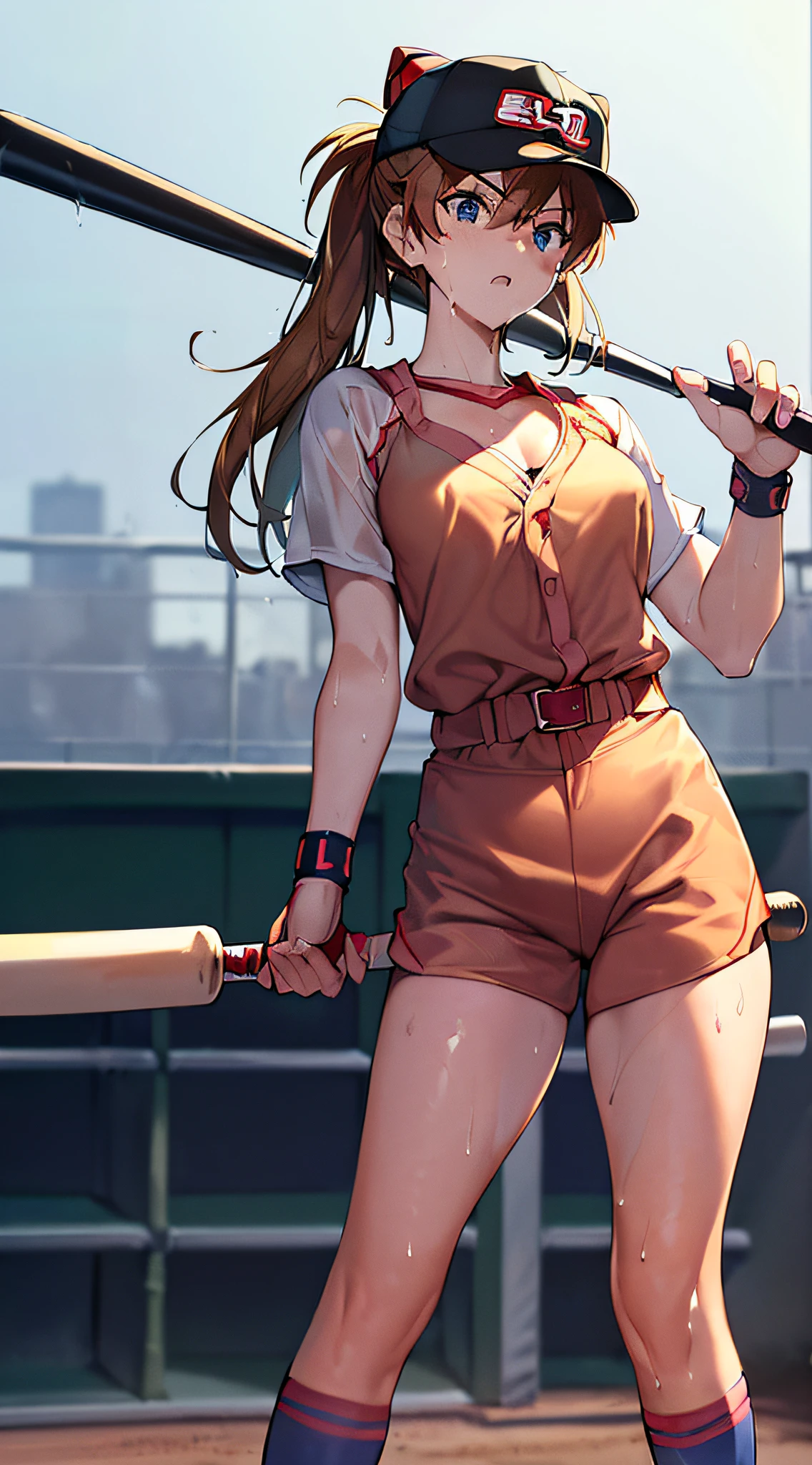 Masterpiece++, Best quality++, Ultra-definition++, Ultra-definition++, 4k++, 8k++, (background focus)++, very detailed, ((ballpark))++, (1 person), ((( Evangelion Soryu Asuka Langley)) +++, ((player with a baseball bat)), ((((batting form))))++++, (((baseball uniform))) +++ , ((baseball bat))++, (baseball bat)+, ((mature woman with baseball bat))++, (baseball cap), (baseball glove), leaning, blush, (wristband ), (brown hair), (super shiny hair and skin), (sunlight), ((beautiful)), cleavage, vibrant, serious expression, perfect eyes, perfect hands, perfect Nose, Evangelion Asuka Langley Soryu, bright atmosphere, (wet effect)+, (light effect), (cinematic light)+, (light cinematic)+