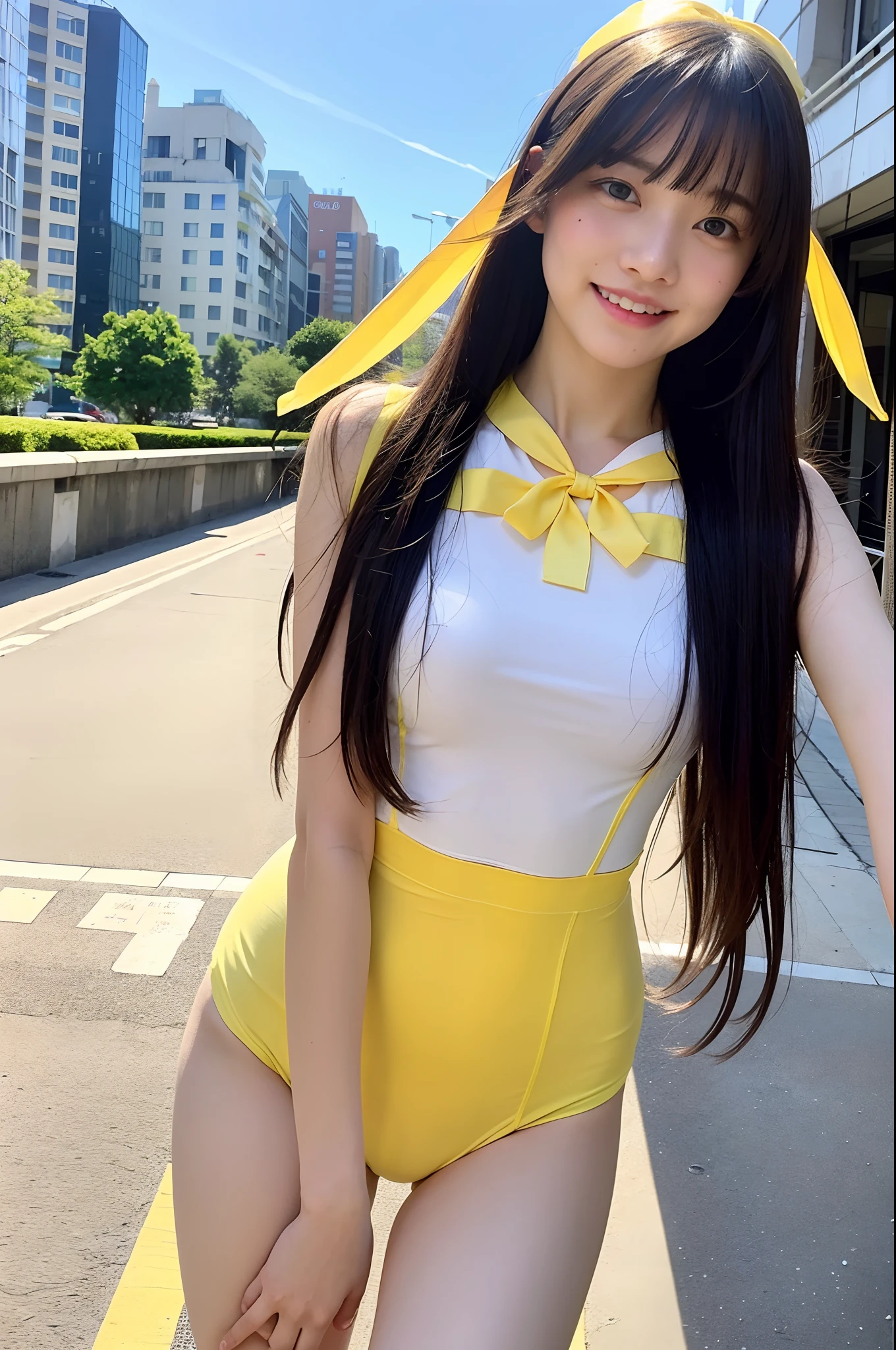 girl in city,sleeveless sheer pale-lemon-yellow leotard and white-only sailor-suit-collar,white headband with pale-lemon-yellow ribbon-bow,18-year-old,bangs,a little smile,thighs,crotch,knees,straight hair,hair blown by strong wind,from below