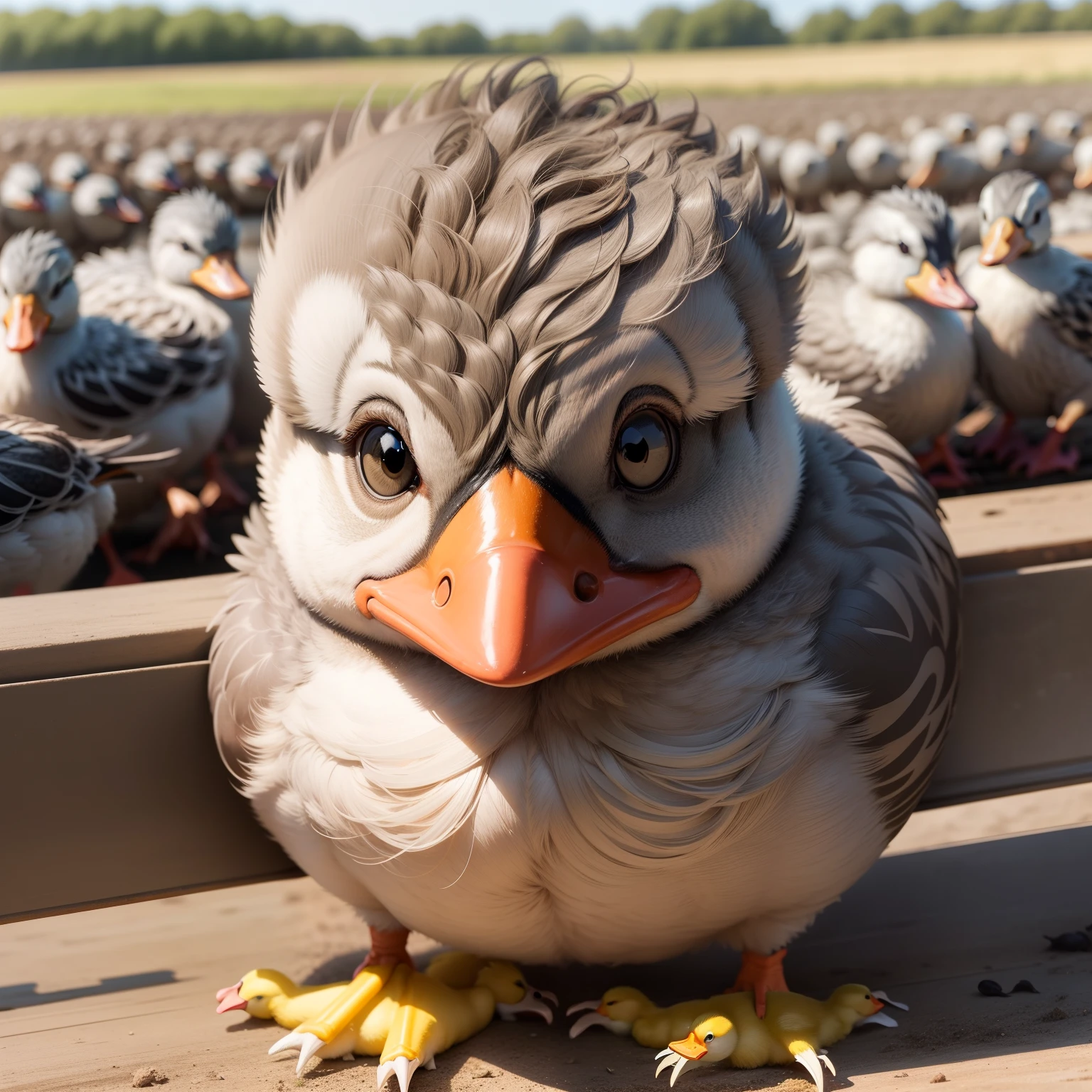 There is a gray duckling, disheveled, sad, head down, on the farm, close up, animals in the background of the image, summer
