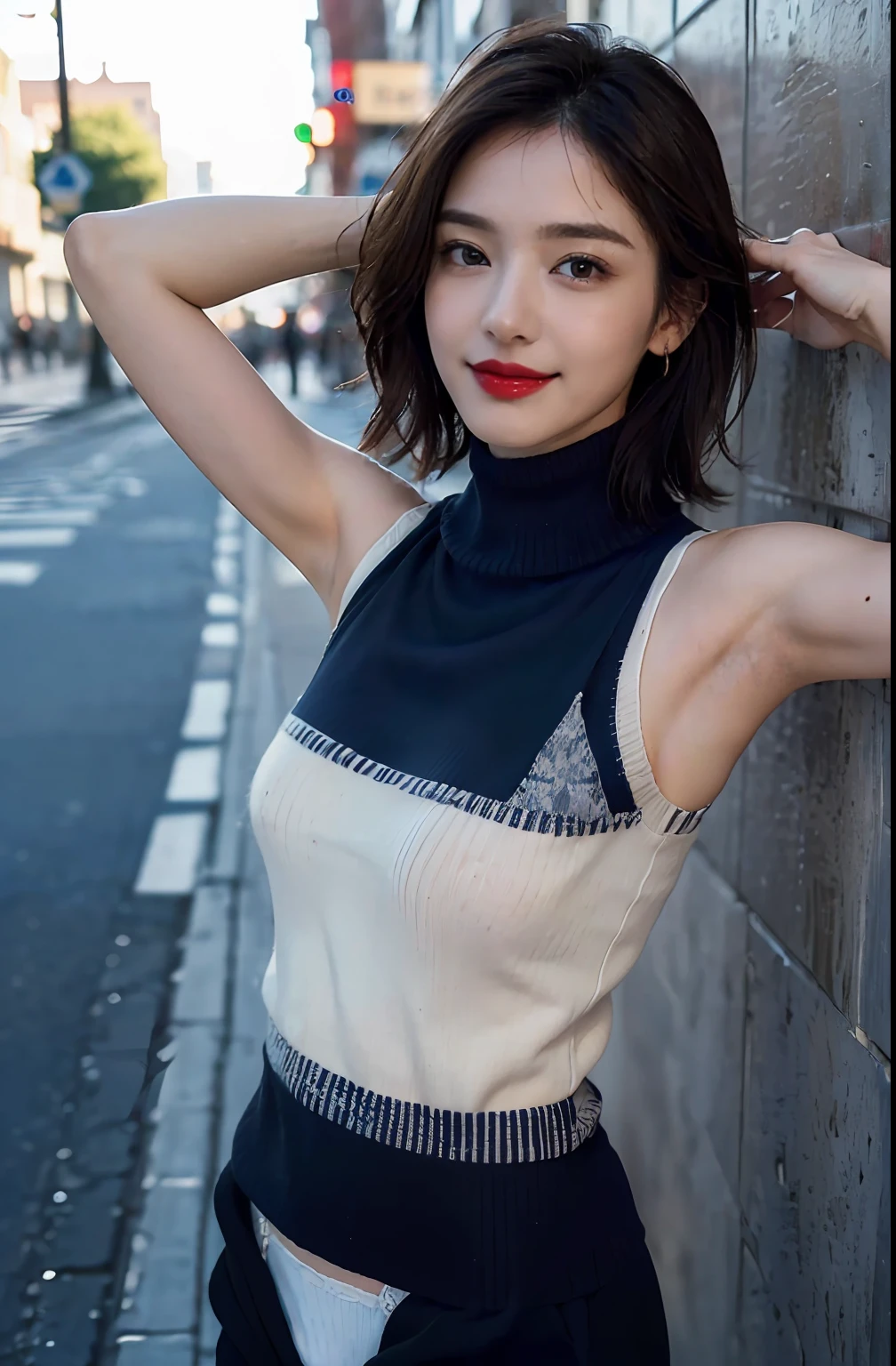 ((Show underarms、A hyper-realistic、Armpit、Detailed armpit wrinkles、Detailed armpit pores、Realistic armpit skin、Black armpit skin、Black armpits、Tiny panties、The whole body towards the viewer、Show both armpits、Very small white sexy panties、small panty、Tiny panties、Stand in the city、In town、in a street), (illustratio), (hight resolution)), (8K), (ighly detailed), (The best illustrations), (armpit pose、beatiful detailed eyes), (top-quality), (ultra-detailliert), (masterpiece), (wall-paper), (详细的脸), (A smile、red lipsticks)、((40 year old woman in bright red lipstick,Show realistic armpits、Brown hair,short-hair,((Woman in navy blue high neck sleeveless sweater and white small sexy panties)), japanes,