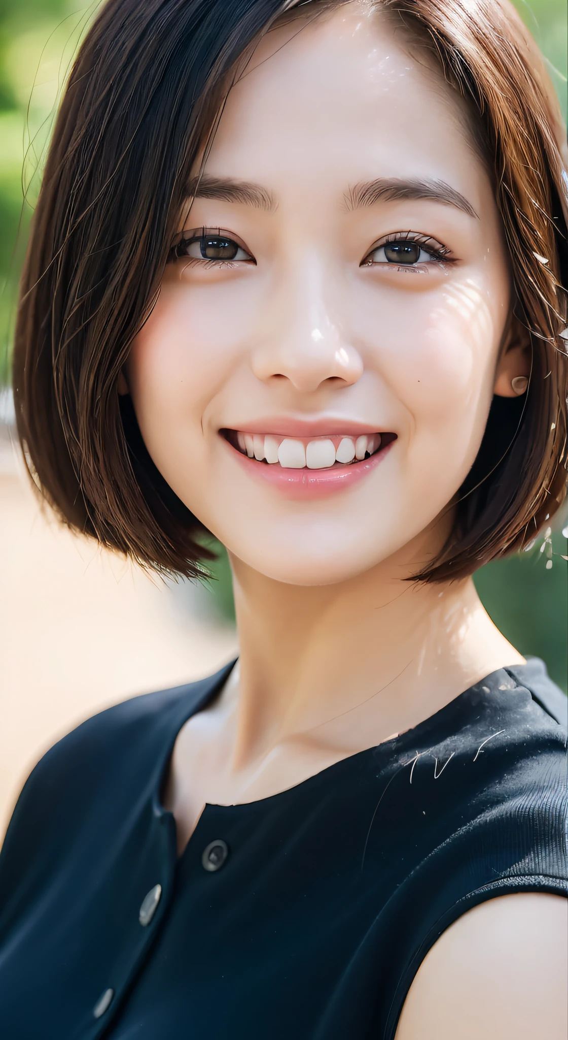 Anna Hashimoto, (8k, RAW photos, highest quality, high resolution: 1.1), (ultra-realistic: 1.4), (realistic, photorealistic: 1.3), soft light, big, girl, realistic face, realistic body, realistic skin, absurdity, masterpiece, (cute: 1.8), cuties, solo, (big: 1.2), detailed black eyes, innocent eyes, cheeks, (polo shirt: 1.2), Cinema Light, Film Grain, (((Short Bob Hair: 1.1)), Cherry Colored Lips, Close-up, Look Viewer, Upper Body, Open Lips, Upper Teeth, (Smiling Eyes: 0.6), ((grinning: 1.2)), Depth of Field, Blurred Background, Eye Focus, Bokeh, Young, 85mm Lens, f/1.4, Professional Lighting, Young, Portrait, Photon Mapping, Radiocity, physically based rendering