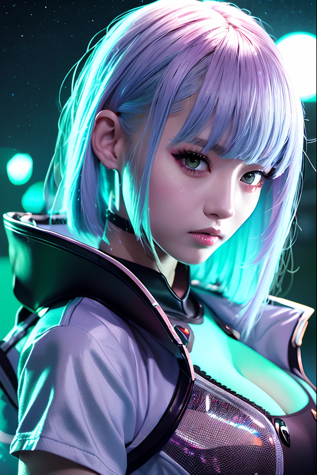 lucy(cyberpunked)、miku hatsune、1 japanese girl、Hair tightening、hime-cut、silber hair、Color Chip、fullmoon、grey eyes、jaket、shortsleeves、looking at the spectator、Medium hair、O cabelo multicolorido、Bangs parting、Parting lips、Red-haired、full bodyesbian、Red eyeliner、red-lips、独奏、Green jacket、cyberpunked\(series)、Glowing neon lights、Rainy night in cyberpunk city with huge breasts、 8K,