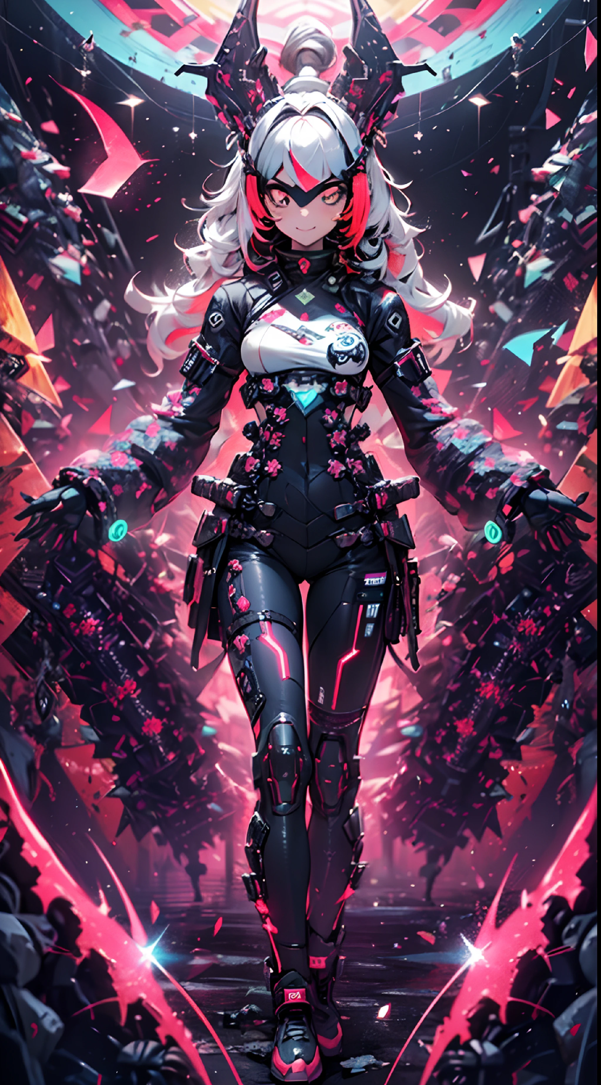 ((cyberpunked)),Optical camouflage、VR Goggles、Neon light、City of the Future、Glowing jumpsuit、(1girl in, Solo:1.6),(Cute smile),(Clothes are simple), (Best Impact:1.5), (maximalism:1.7), Vivid contrast, (Realistic), hyperrealistic illustrations, hight resolution, ultra-detailliert, absurderes,(Fractal Art:1.3)、Random hairstyle、Random hair color colorful、FULL BODYSHOT、Retro、Precise focus、randome pose、cinema4d、Drama