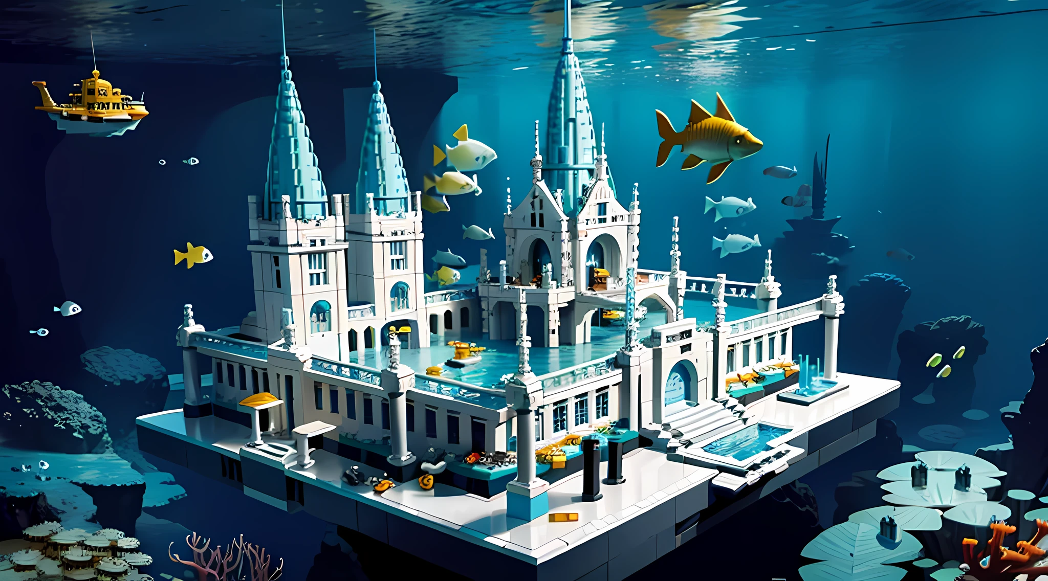 LEGO underwater city, Underwater temple with fish,There is a yacht in the water