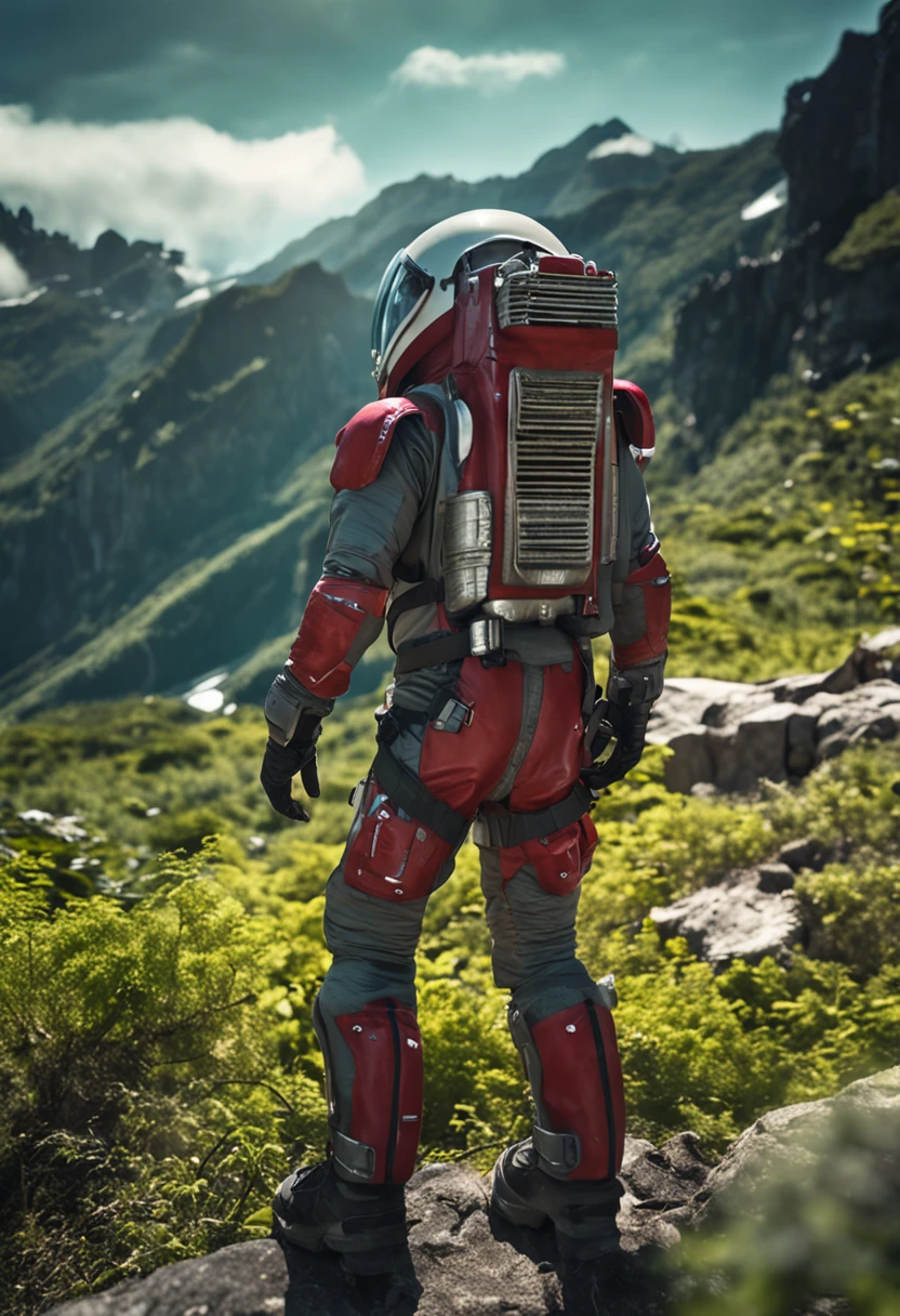 (35mmstyle:1.2), Highly detailed RAW color Photo, rear angle, full bodyesbian, af (Female space marine, Wearing a white and red spacesuit, futuristic helmet, Tin plated mask, Rebreathers, accentuated booty), Outdoors, (Stand on the cliffs of the tall Rocky Mountains, Gaze out over the magical lush green rainforest on an alien planet), vivd details, (Exotic alien planet), Toned body, big assa, (Sci-fi), (Mountains:1.1), (lush green vegetation), (two moons in sky:0.8), (Highly detailed, ultra - detailed, Intricate), (Lens flare:0.7), (full bloom:0.7), particle fx, Ray traching, Cinematic lighting, Shallow depth of field, photographed on a Sony a9 II, 35mm wide angle lens, Sharp focus, 《Gravity 2013》cinematic Film still from, Watching from behind, Dynamic Angle