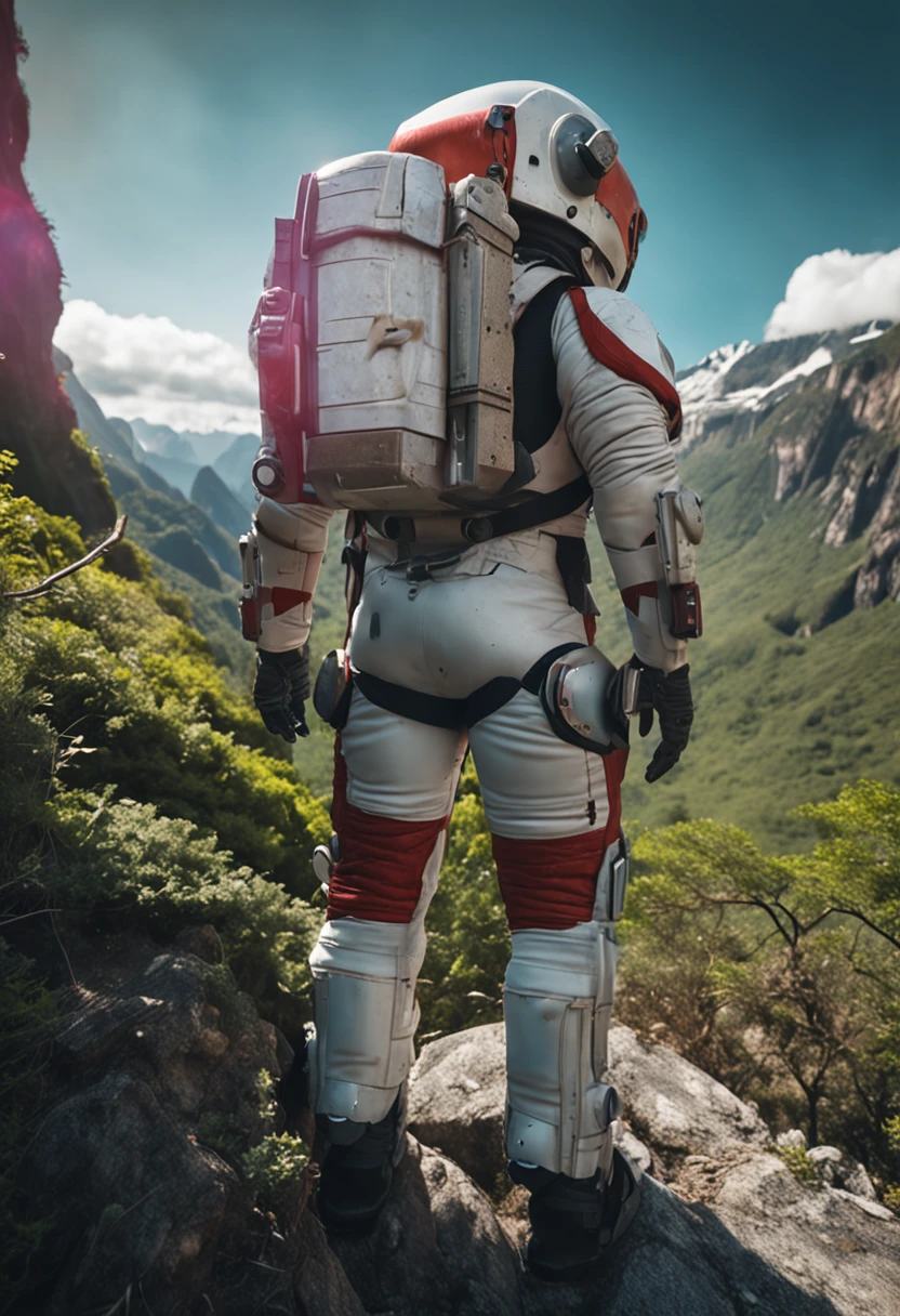 (35mmstyle:1.2), Highly detailed RAW color Photo, rear angle, full bodyesbian, af (Female space marine, Wearing a white and red spacesuit, futuristic helmet, Tin plated mask, Rebreathers, accentuated booty), Outdoors, (Stand on the cliffs of the tall Rocky Mountains, Gaze out over the magical lush green rainforest on an alien planet), vivd details, (Exotic alien planet), Toned body, big assa, (Sci-fi), (Mountains:1.1), (lush green vegetation), (two moons in sky:0.8), (Highly detailed, ultra - detailed, Intricate), (Lens flare:0.7), (full bloom:0.7), particle fx, Ray traching, Cinematic lighting, Shallow depth of field, photographed on a Sony a9 II, 35mm wide angle lens, Sharp focus, 《Gravity 2013》cinematic Film still from, Watching from behind, Dynamic Angle
