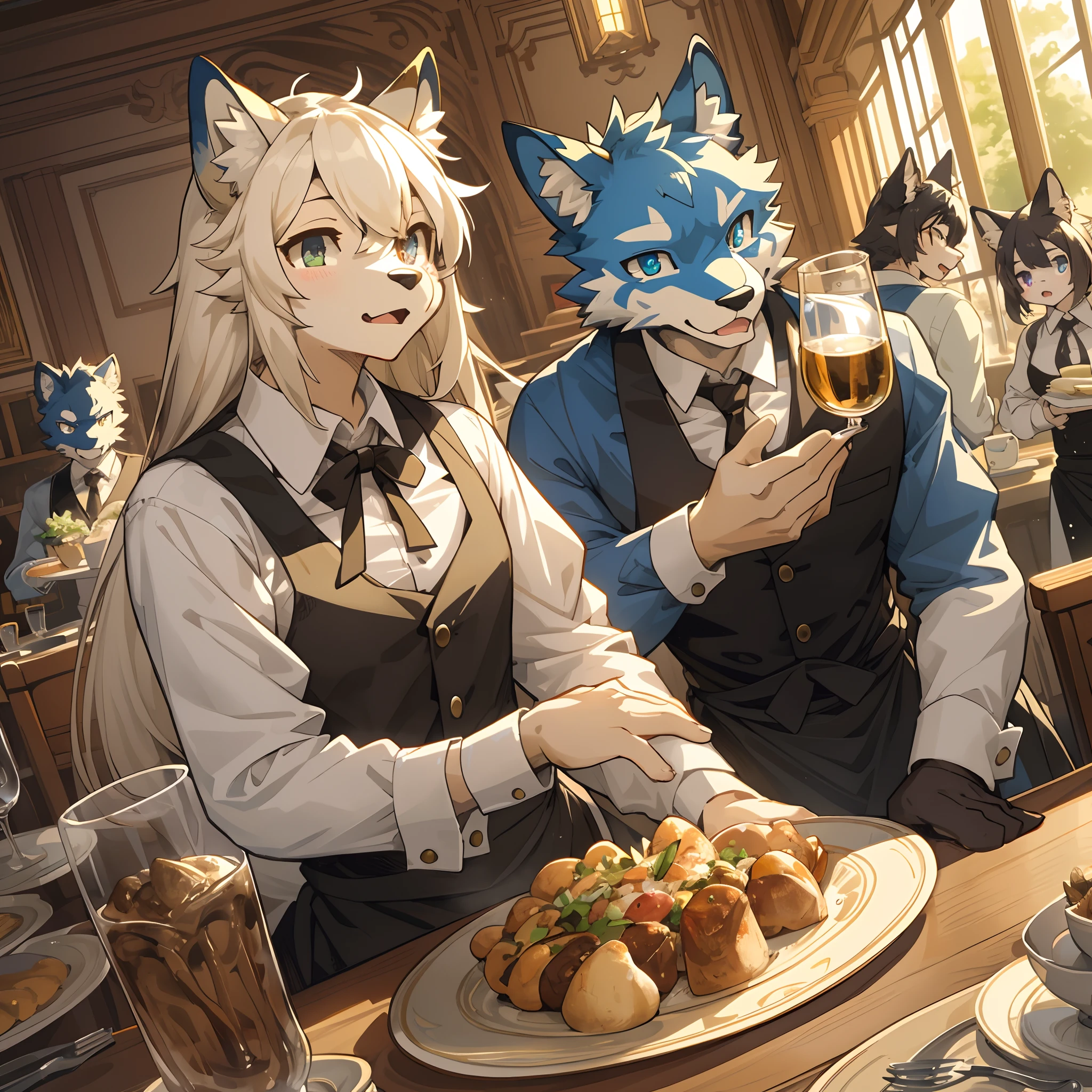 top quality, best quality, High-quality illustrations, masterpiece, super high resolution, detailed background, Casual reutaurant interior, part-time job, waiter, Butler, 6+boys, 6+girls, absurdres(highly detailed beautiful face and eyes)perfect anatomy, expression, good lighting, cinematic shadow(kemono, furry anthro)assorted poses, dynamic angle,