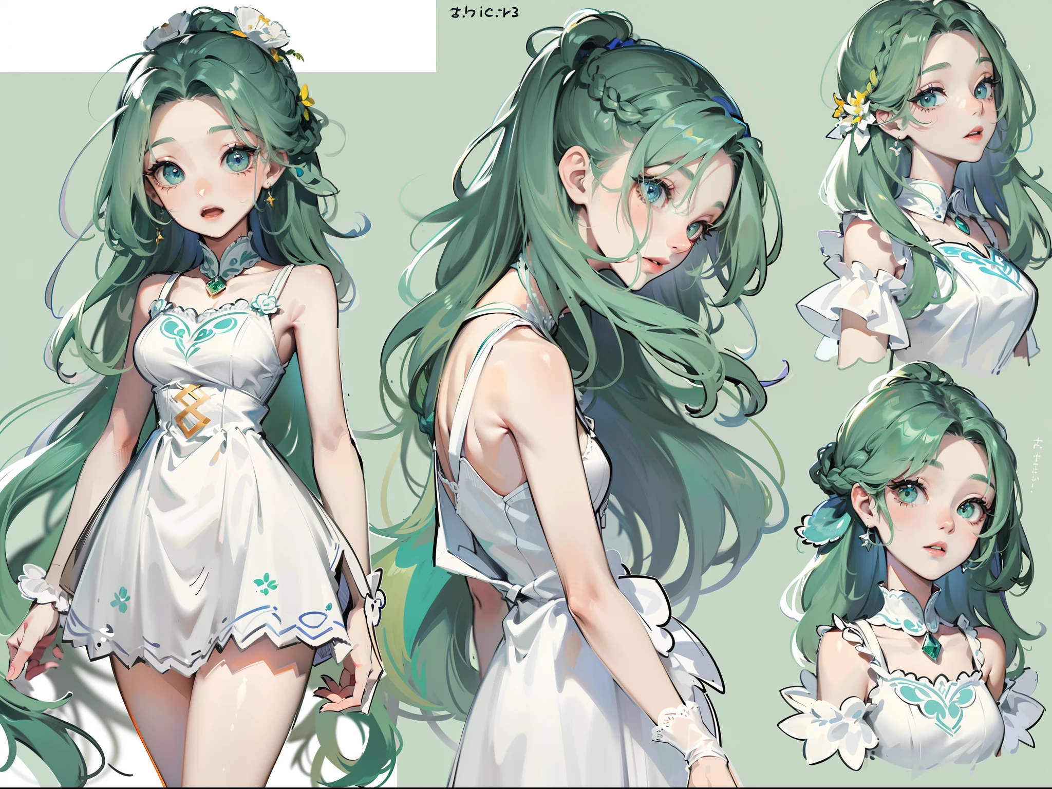 ((Masterpiece, Highest quality)), Detailed face, CharacterDesignSheet, full bodyesbian, Full of details, Multiple poses and expressions, Highly detailed, Depth, Many parts,Blue-green gradient hair color girl,Extremely long hair,french braid,Green trimmed dress dress on white background,white Heels,being thin