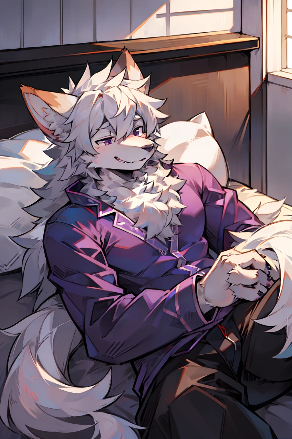 solo person,shaggy male,hairy bodies,shoun,coyote,canid,grey fur,Long white hair,The ends of the hair are purple,Purple eye,Bullied,adolable,Handsome,large tail,full bodyesbian,nakeness,Raise your legs,