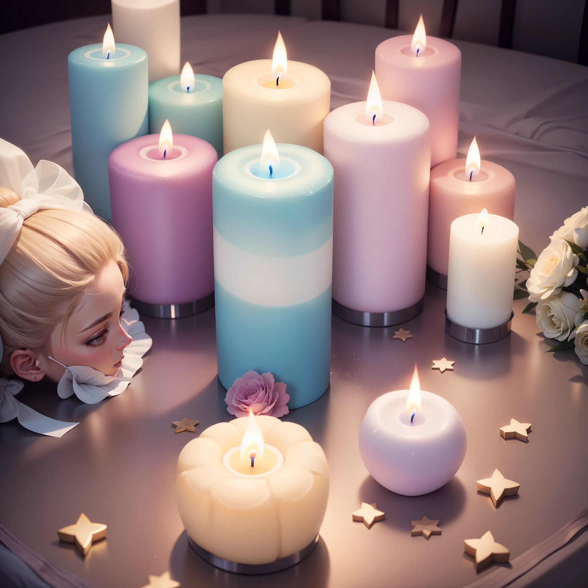 Velas floridas e delicadas, velas em tons pastel, velas com brilhos, velas com glitter, velas em formas de flores, velas de flor, Velas rosas, flores da vela, Rosas de vela, hyper realistic, super realísta, 8k. Full body girl holding a stylized candle, girl holding a glamorous candle.