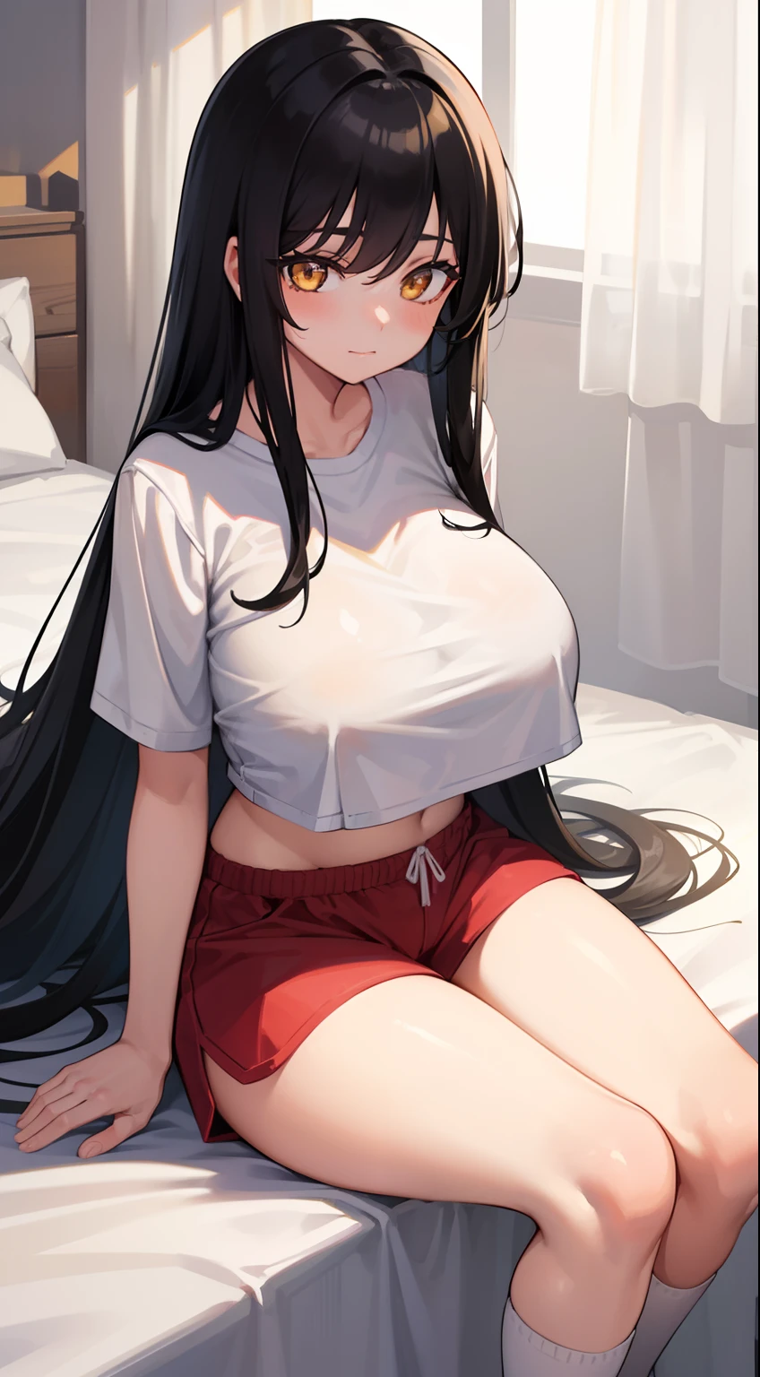 1girl, Long black hair, Yellow eyes, Detailed eyes, Huge breast, White plain Shirt, Red shorts, White socks, Sitting on bed, Bedroom, Slight smile,