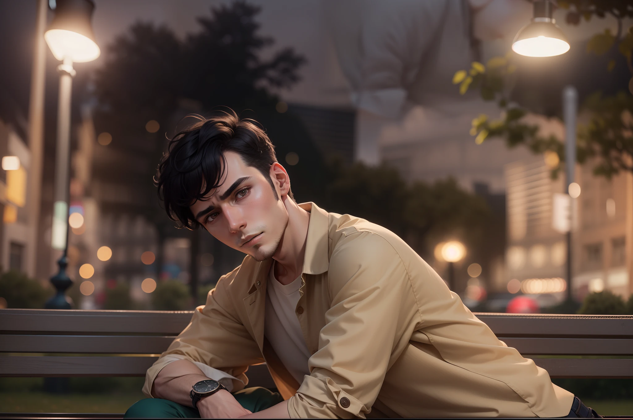 Ultra realistic 8k image of a thin 25-year-old man, short black hair, dressed in a beige button-up blouse and beige pants, sad expression, lying on a park bench, on a cloudy night