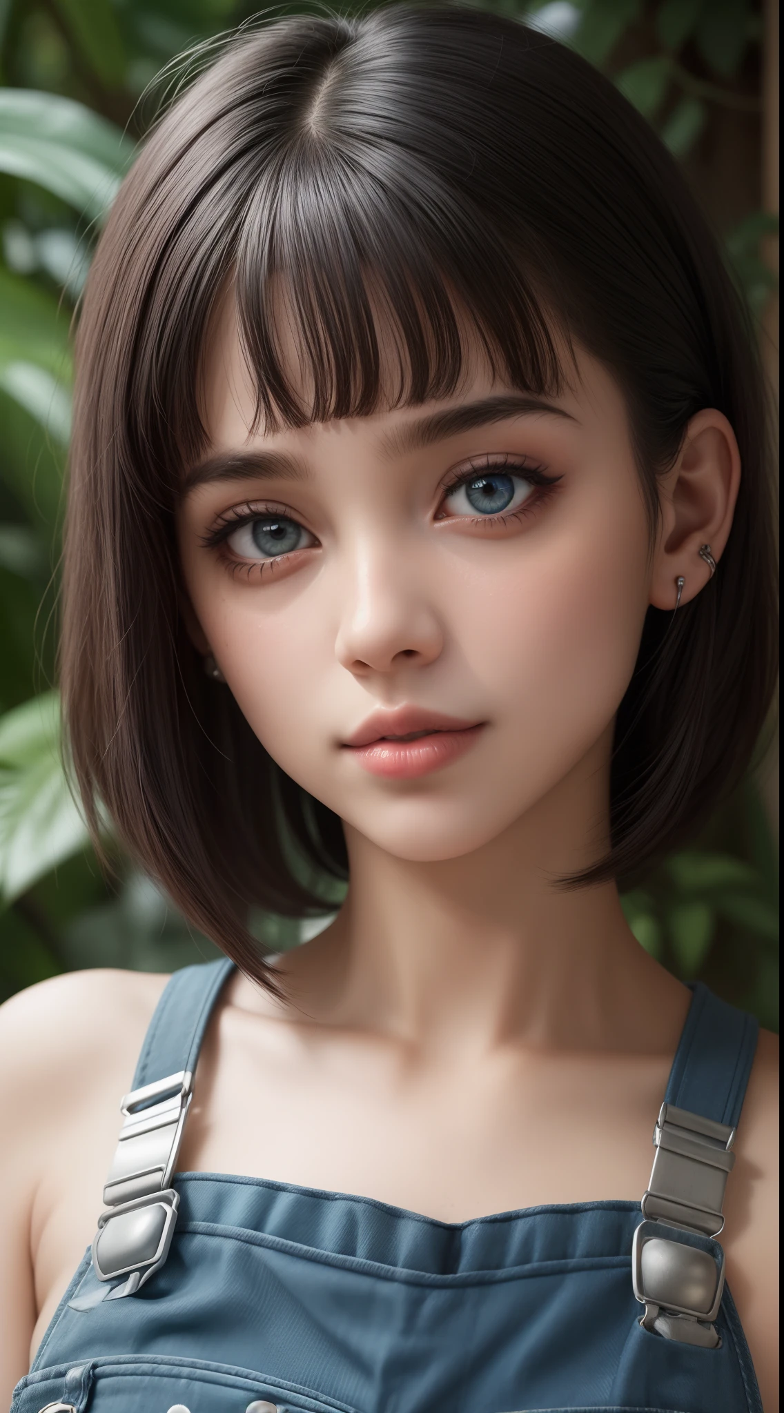 Rosto de uma garota morena com cabelo azul, (wearing overalls),franja, olhos verdes, brincos, tatuagens no rosto,mouth with fleshy lips, batom vermelho, sorrindo,8k super realista