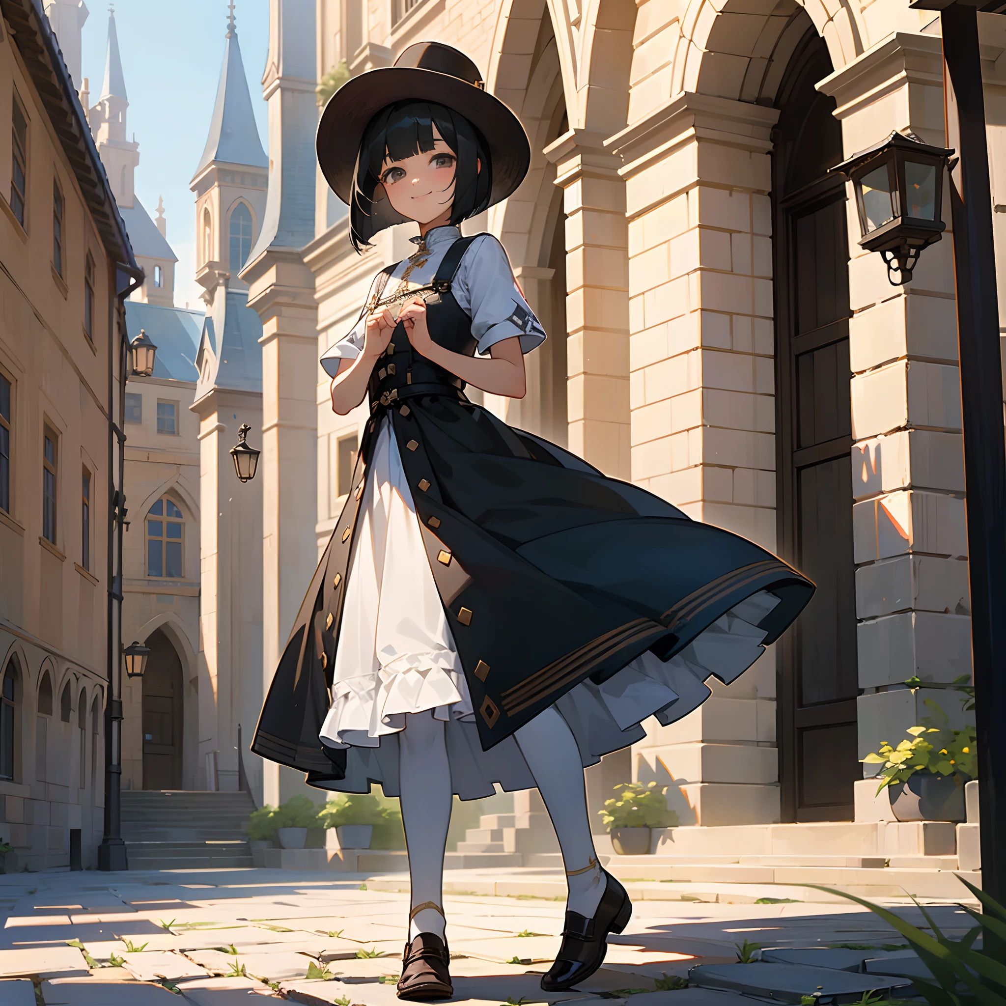 With the best image quality、Teenage girl standing alone outdoors。In high resolution、Beautiful fine details、tranquil atmosphere。(((Black Hair Bob Hair)))、Cute smile。Medium chest、Medieval European national costume with short sleeves、Medieval European Streets、Leather shoes、a straw fedora hat。