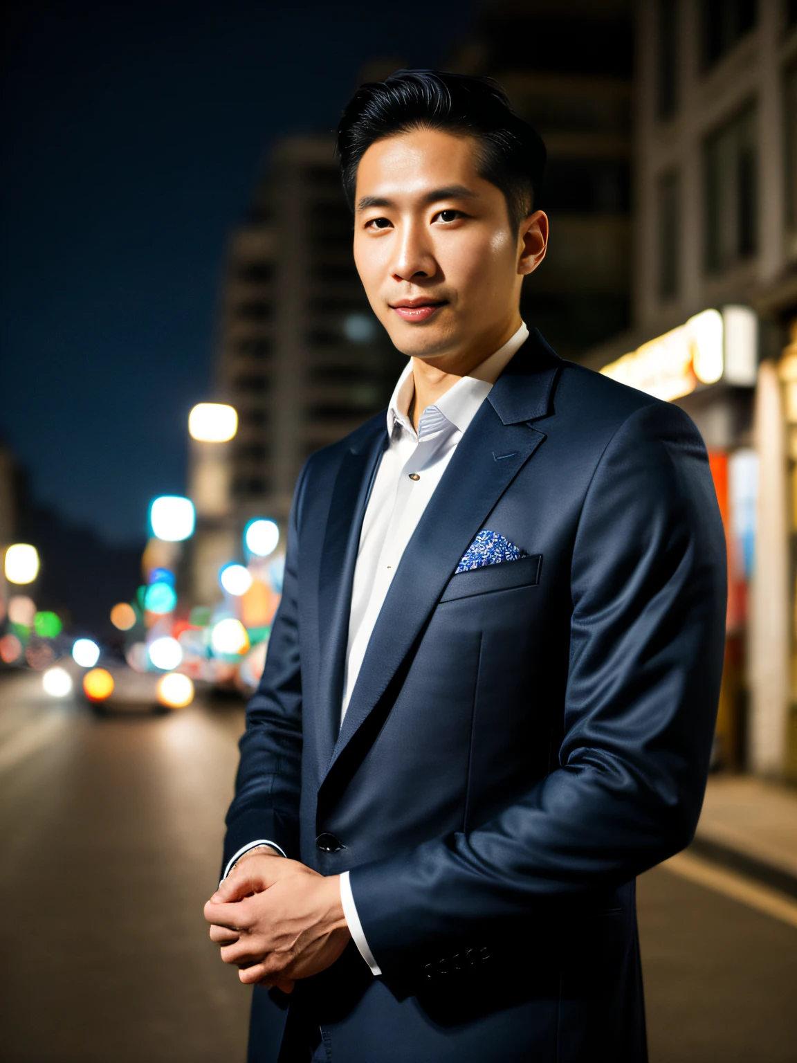 Raw photo, Man in clothes standing on the street at night, Wearing a dark blue tailored jacket, 33-year-old Korean, (High detailed skin:1.2), 8KUHD, Digital SLR, Soft lighting, High quality, upper body closeup