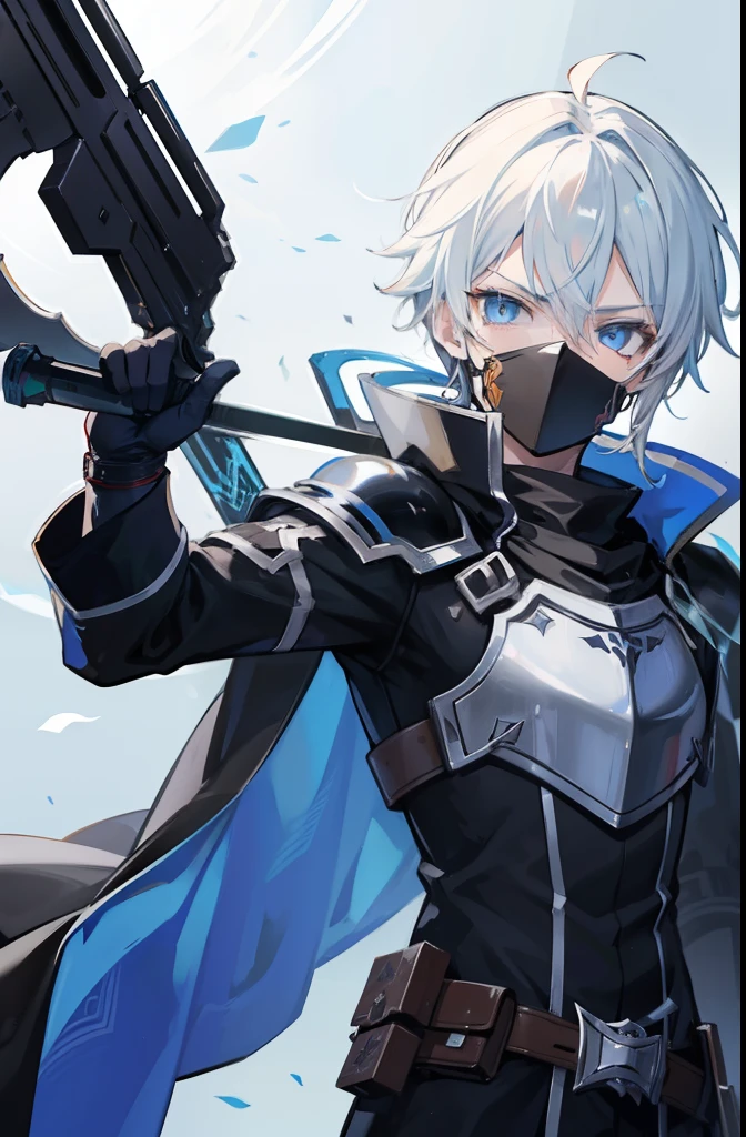 (masterpiece) In the virtual world of Sword Art Online GBO, a dynamic and epic scene unfolds as a boy with artfully styled white hair and a mysterious mask covering his face confidently strides through a dark dungeon. His attire consists of intricately designed armor clothing that accentuates his powerful presence. In his hands, he wields a sleek sniper rifle, ready to take on any challenge that awaits.