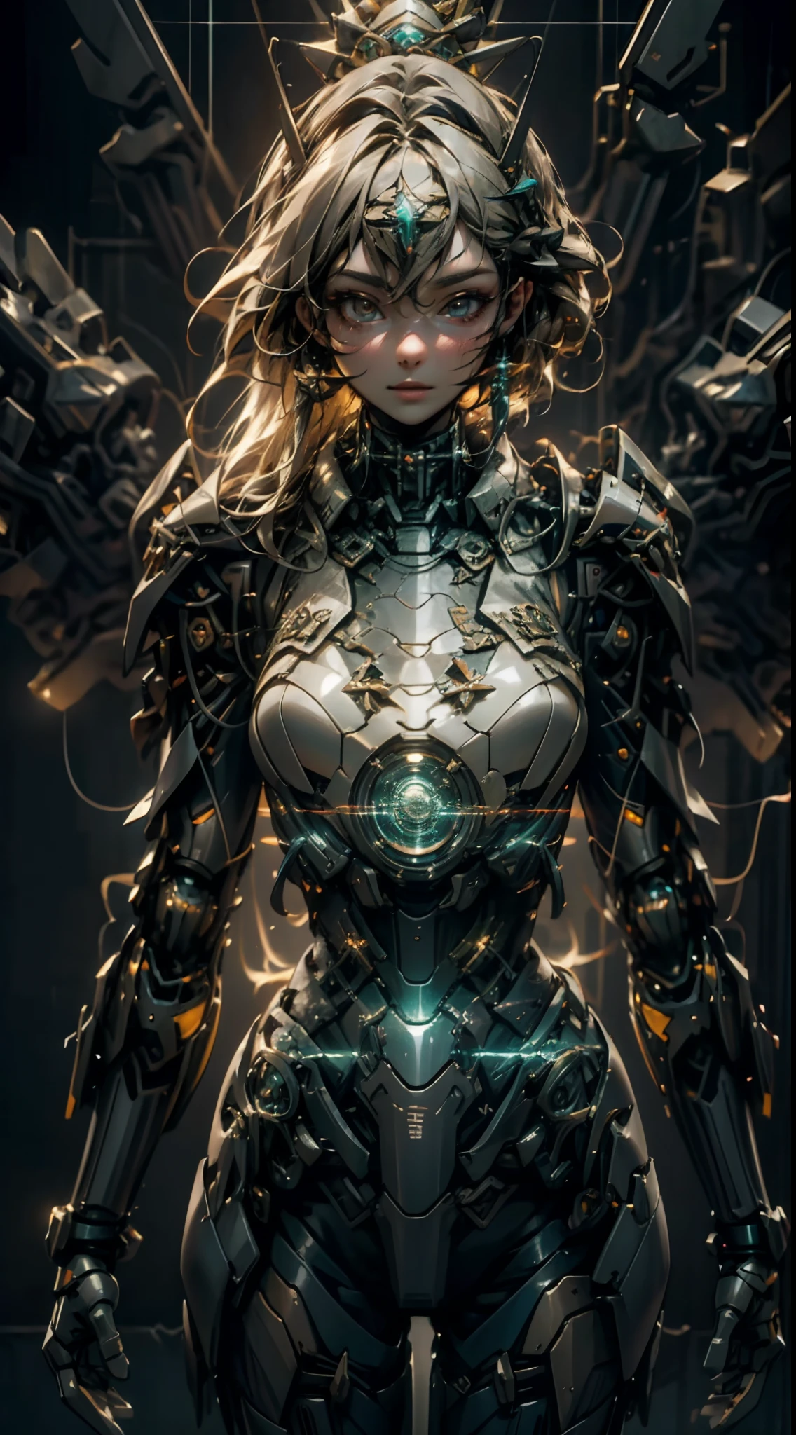 ((Best Quality)), ((Masterpiece)), (Very Detailed: 1.3), 3D, Shitu-mecha, Beautiful cyberpunk woman wearing crown with her mecha in ruins of a city in forgotten war, long silver hair, sci-fi technology, HDR (High Dynamic Range), ray tracing, nvidia RTX, super resolution, unreal 5, subsurface scattering, PBR texture, post-processing, anisotropic filtering, depth of field, maximum sharpness and sharpness, multi-layered texture, Albedo and specular mapping, surface shading, accurate simulation of light-material interactions, perfect ratios, octane rendering, duotone lighting, low ISO, white balance, rule of thirds, wide aperture, 8K RAW, high efficiency sub-pixels, subpixel convolution, luminous particles, light scattering, Tyndall effect