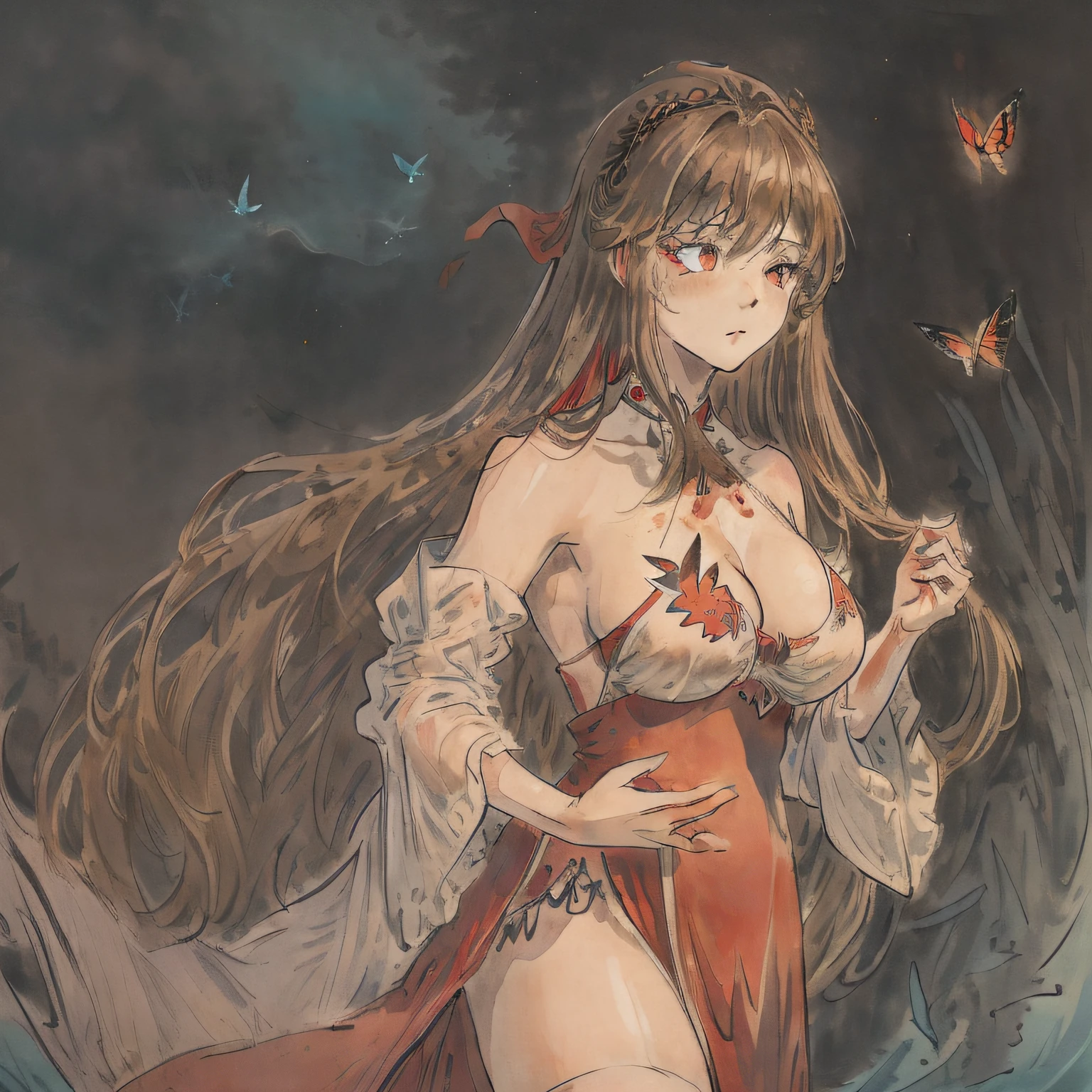 best quality,Amazing,Beautiful golden eyes,finely detail,Depth of field,extremely detailed CG unity 8k wallpaper, masterpiece,(((Long dark blond hair))),((red mediumhair)),(1 girl),(white stockings ),(((((medium_breasts,))))),(hair ribbon),Exposing cleavage,((Beautiful butterflies in detail)),(((halter dress ))),huge ahoge,particle,(((solo))),(Background of details),standing,(Starry sky in beautiful detail),(((gloom (expression) depressed))),(Hazy fog),(((Very long hair))),{Fluttering hair},{Thick hair},{{{Gelatinous texture}}},{profile},(Ruins of beautiful details),(((Standing on the surface of the sea))),{Close-up of people},{{{Smooth skin}}},(((upper body))),(Smooth and radiant skin),(Smooth and radiant face),Perfect details,Beautifully gorgeous necklace,Authentic skin texture,{Cleavage},{{{Authentic and detailed face}}},(unexposed :1.5)