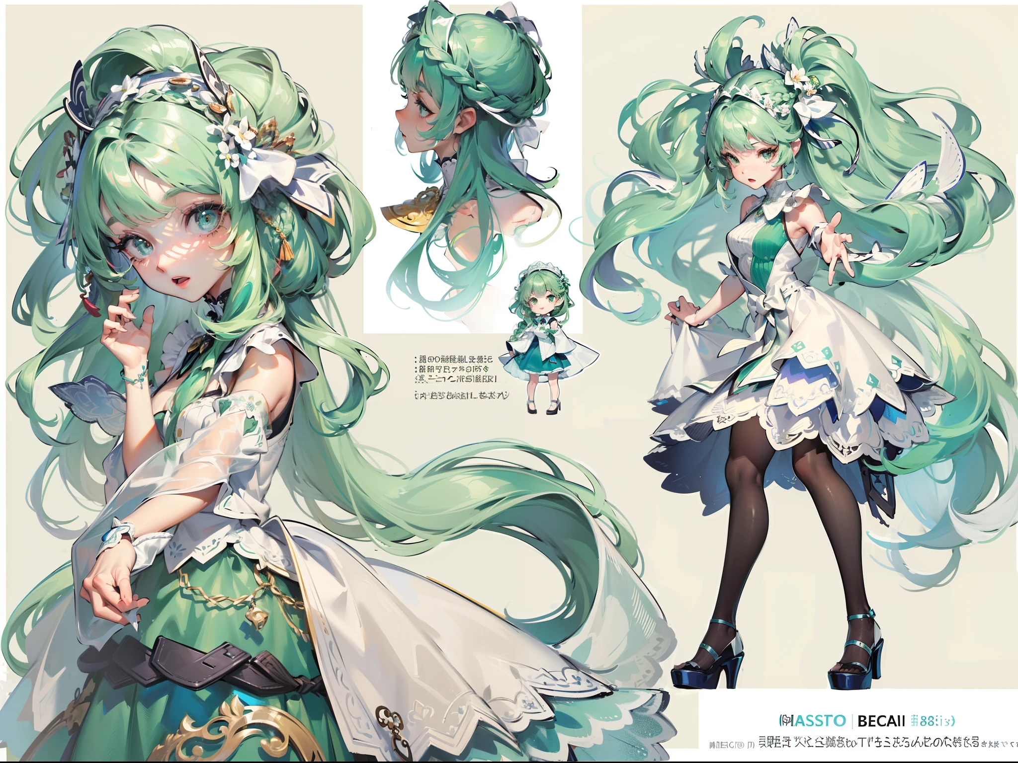 ((Masterpiece, Highest quality)), Detailed face, CharacterDesignSheet, full bodyesbian, Full of details, Multiple poses and expressions, Highly detailed, Depth, Many parts,Blue-green gradient hair color girl,Extremely long hair,french braid,Green trimmed dress dress on white background,white Heels,being thin