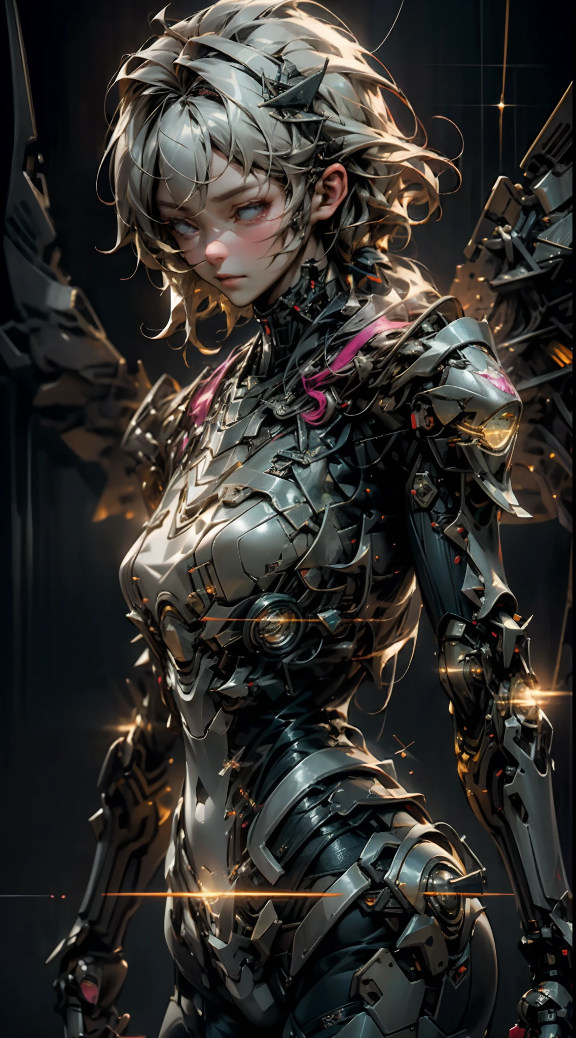 ((Best Quality)), ((Masterpiece)), (Very Detailed: 1.3), 3D, Beautiful woman, pink details, bikini, long silver hair, sci-fi technology, HDR (High Dynamic Range), ray tracing, nvidia RTX, super resolution, unreal 5, subsurface scattering, PBR texture, post-processing, anisotropic filtering, depth of field, maximum sharpness and sharpness, multi-layered texture, Albedo and specular mapping, surface shading, accurate simulation of light-material interactions, perfect ratios, octane rendering, duotone lighting, low ISO, white balance, rule of thirds, wide aperture, 8K RAW, high efficiency sub-pixels, subpixel convolution, luminous particles, light scattering, Tyndall effect