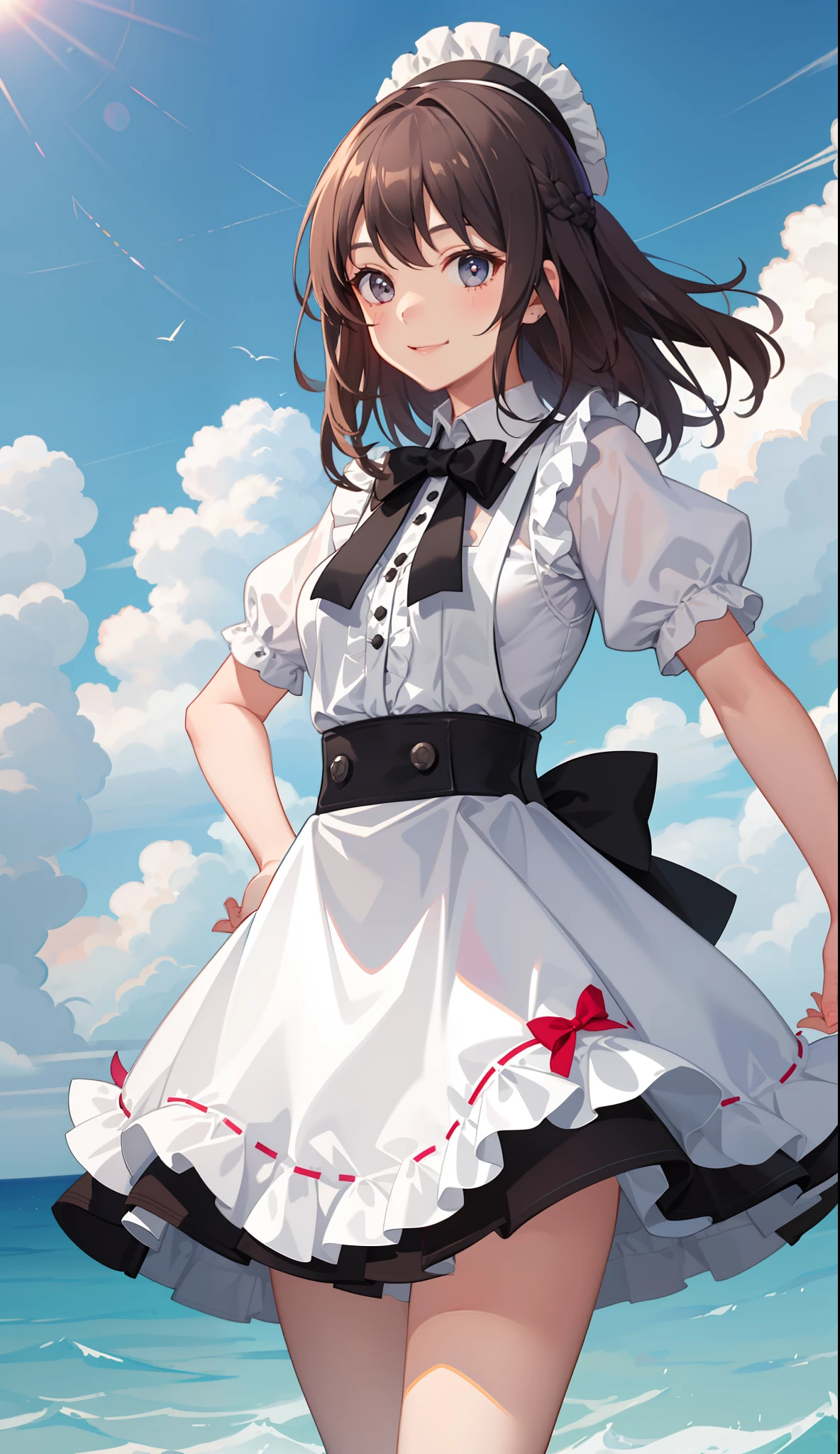 1girl in、A smile、A delightful! The shirt、skirt by the、(small tits)pinafore、doress、hair adornments、(Maids)、