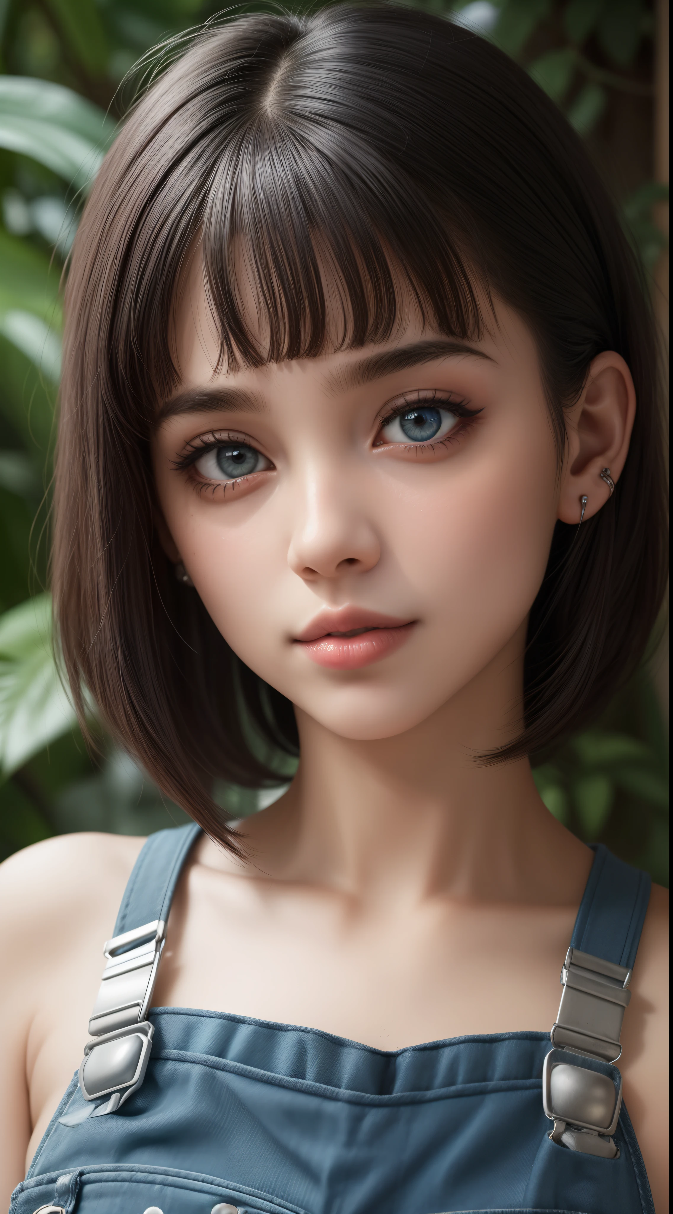 Rosto de uma garota morena com cabelo azul, (wearing overalls),franja, olhos verdes, brincos, tatuagens no rosto,mouth with fleshy lips, batom vermelho, sorrindo,8k super realista