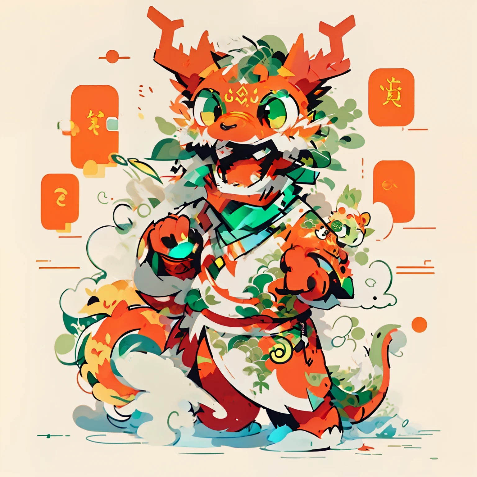 Illustration of a red-nosed green-tailed dragon, smooth chinese dragon,chinese dragon concept art, cyan chinese dragon fantasy, anthropomorphic dragon, Kirinhado's style graffiti art