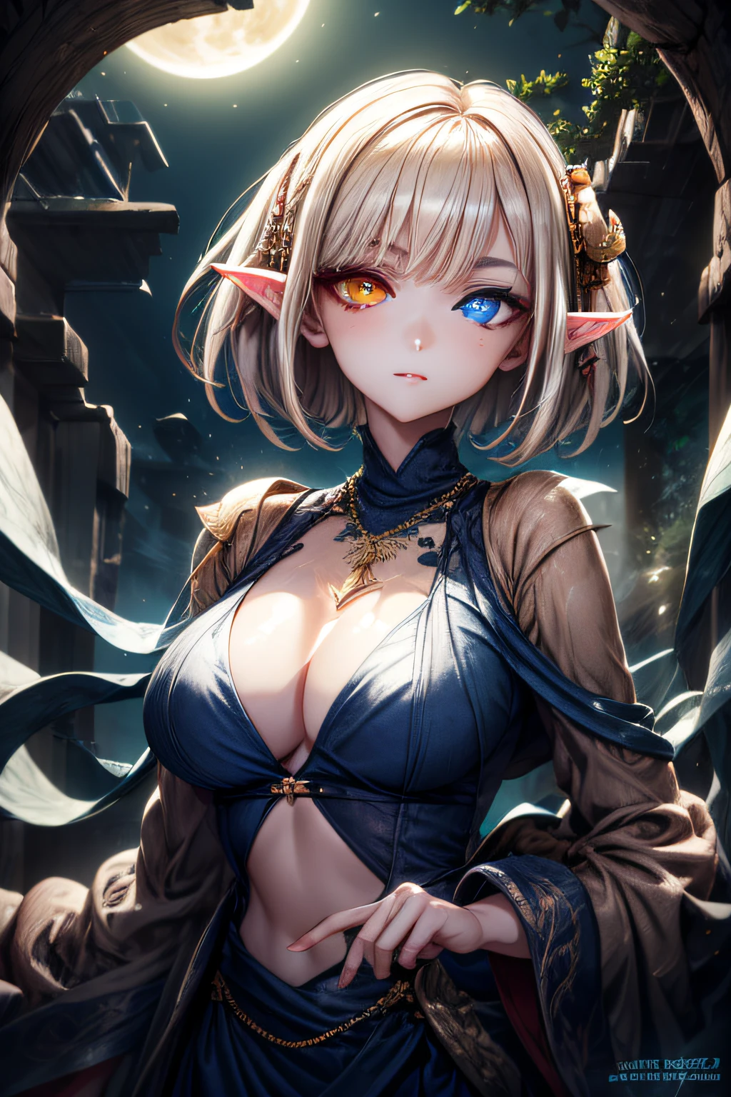 masterpiece, top-quality, ultra-detailliert, illustratio,(1girl in),beatiful detailed eyes, Look at viewers, a closeup, (breasts focus), short hair of golden yellow color, full of shyness, Green clothes, ((Shining blue necklace)), moon in background, (Blue and Red Eyes 1.2), Thick lip, ((Heterochromia 1.2)), Big breasts, (turtle necked sweater)、elvish