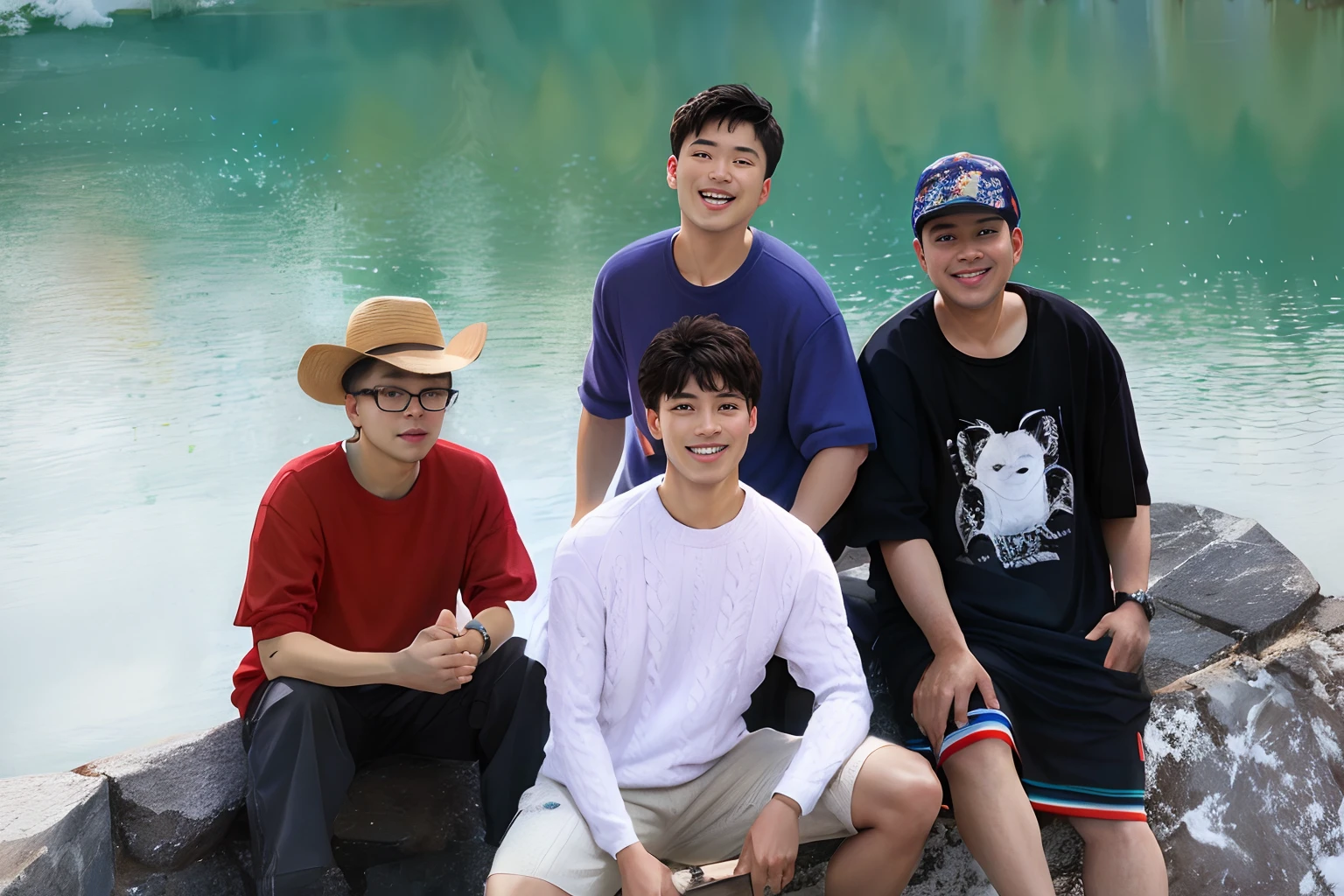 retrato dos integrantes do grupo de kpop BTS viking realista em seu barco sobre ondas gigantes super detalhado