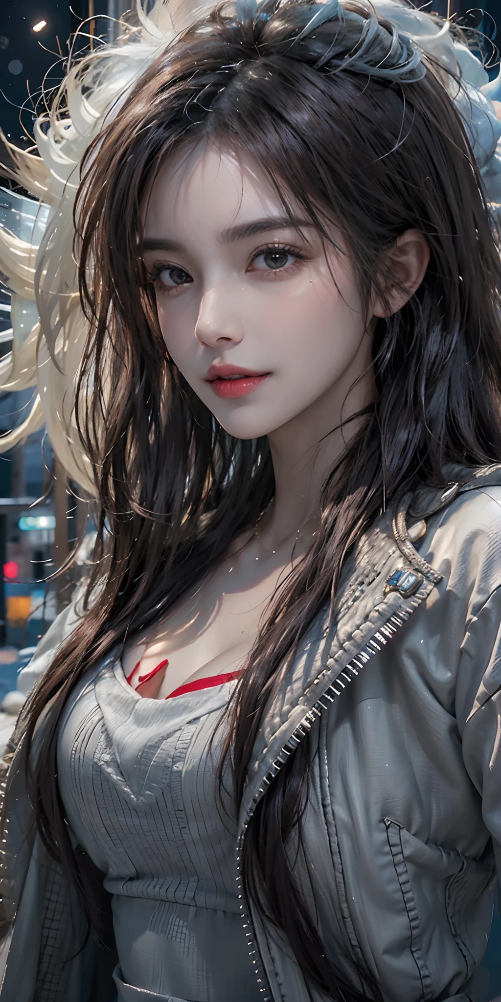 photorealistic, high resolution, soft light,1women, solo, hips up, shining skin, (detailed face),tattoo, jewelry, winter wear, coat, snow, night, wavy hair, Beautiful Soldier, Eyes That Invite Viewer, Lover's Perspective, Inviting Expression, Sexy Smile, Perfect Style, Perfect Balance, Detailed Skin, Naughty Gaze, Chest Visible