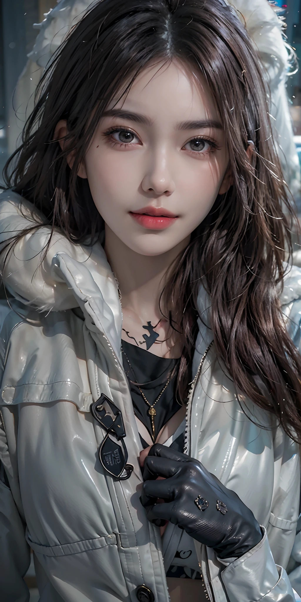 photorealistic, high resolution, soft light,1women, solo, hips up, shining skin, (detailed face),tattoo, jewelry, winter wear, coat, snow, night, wavy hair, Beautiful Soldier, Eyes That Invite Viewer, Lover's Perspective, Inviting Expression, Sexy Smile, Perfect Style, Perfect Balance, Detailed Skin, Naughty Gaze, Chest Visible