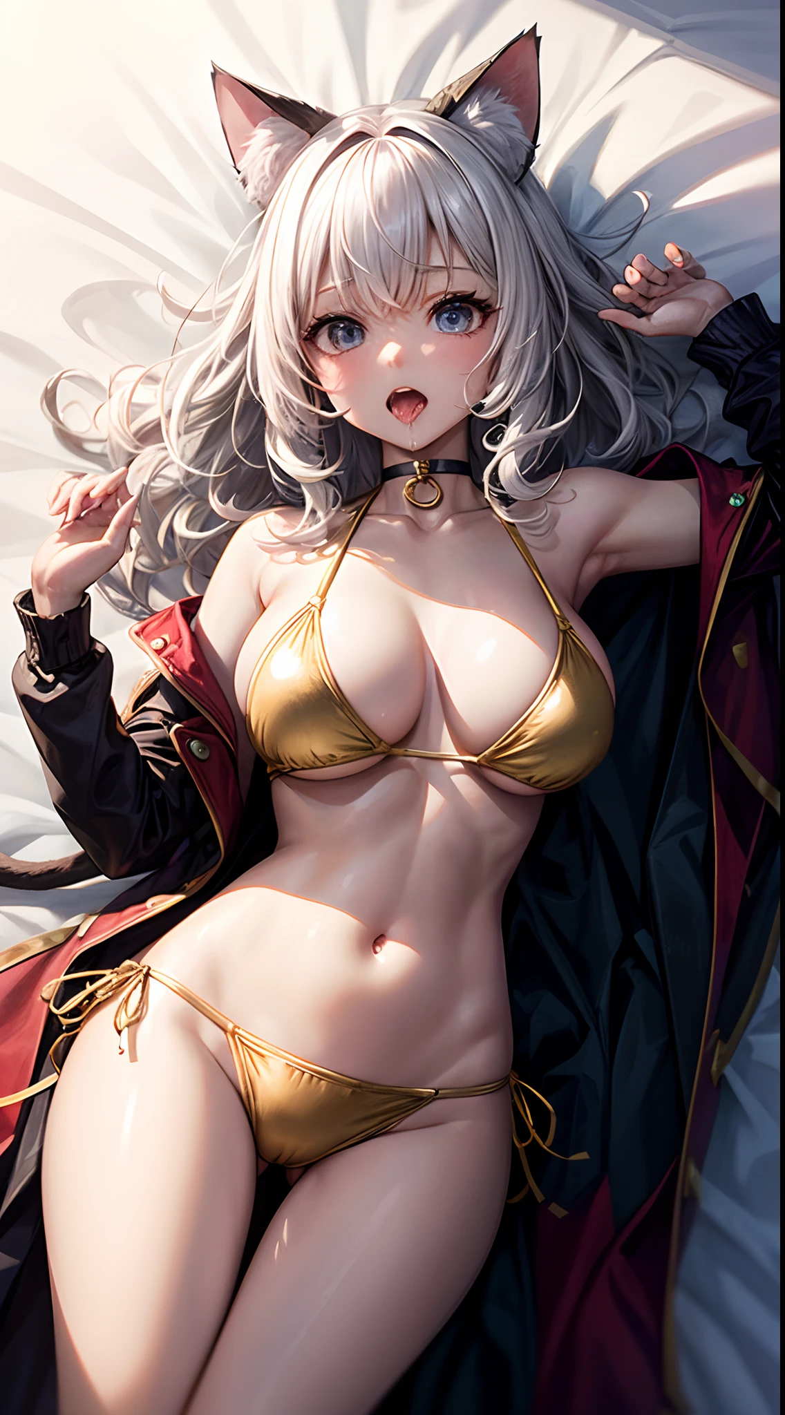 realisitic、top-quality、 1 人、Cat's ears、White hair ,Medium Hair,Wavy Hair,Saliva、Choker、,goldPVC Bikini,Big breasts ,Lying,Arms behind your head,profetional lighting