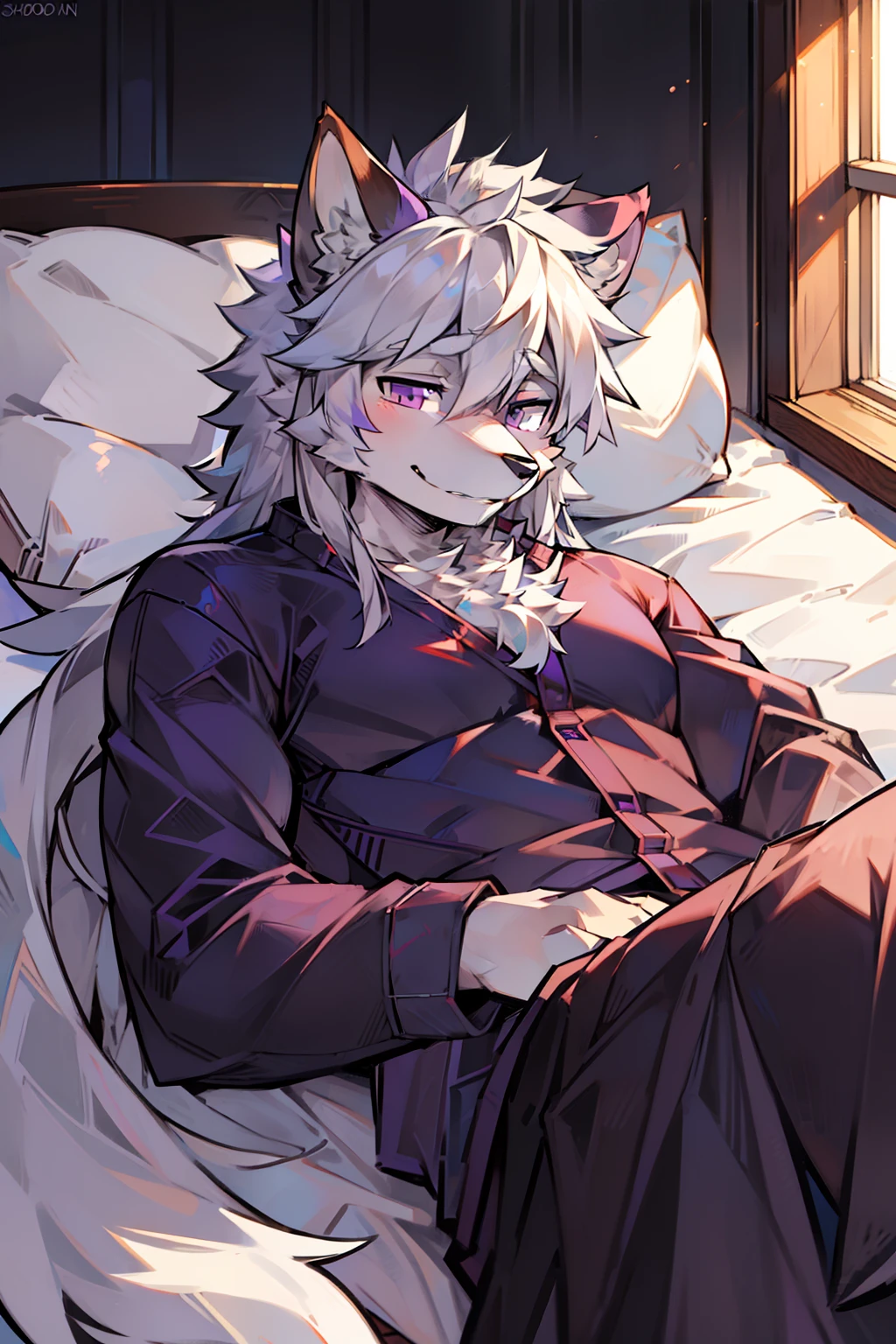 solo person，shaggy male，shoun，coyote，canid，Gray fur，long  white hair，The ends of the hair are purple，Purple eye，Handsome，large tail，full bodyesbian，Bedrooms，on top of the bed，Lie down in bed，stretched action，Wear cute pajamas