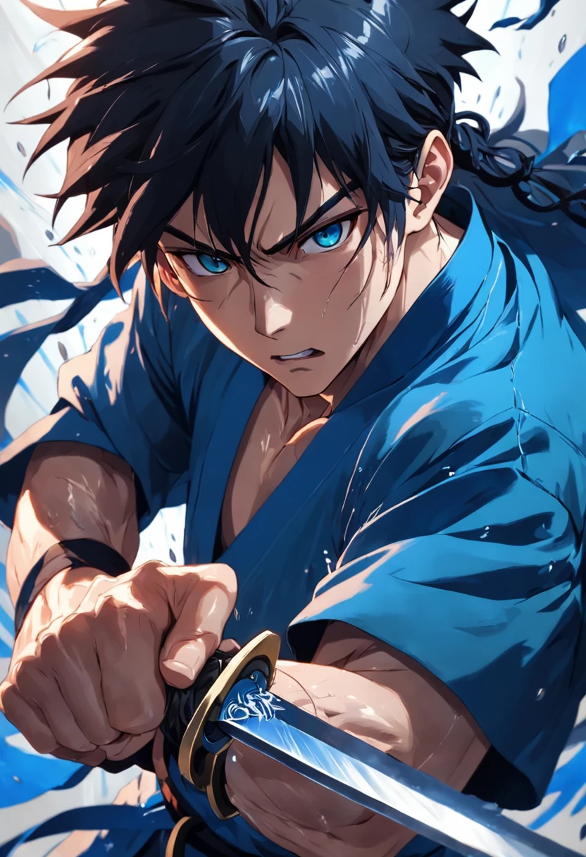 an extreme closeup shot:Male swordsman，Hands are normal，The body is not twisted，Hair soars，Wield a blue light knife，With a murderous look on one's face。Martial arts action，Motion blur，under rain，lightand shade contrast，top views，Founded by Liu Jibian。